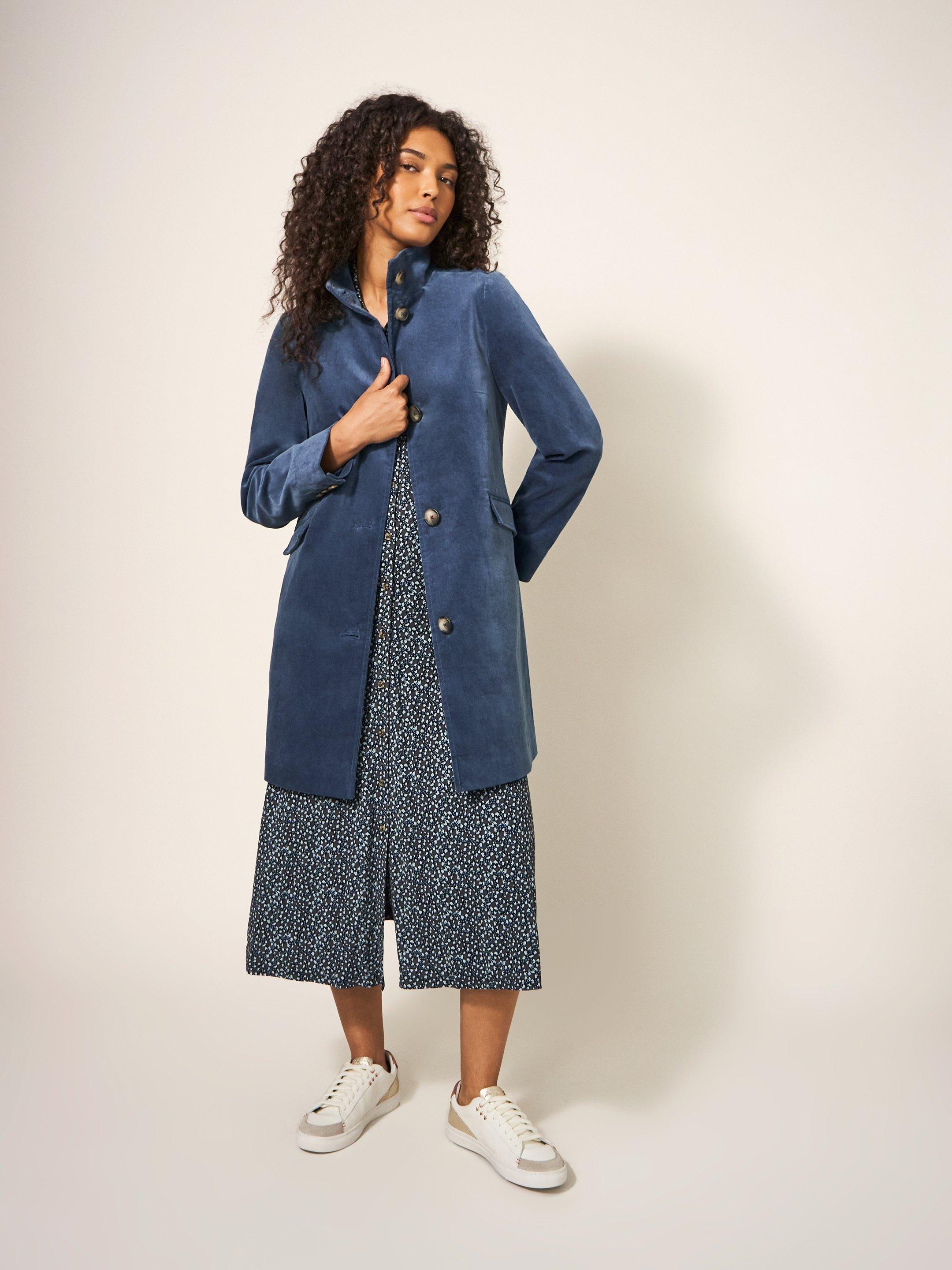 Karla Smart Velvet Coat in DUS BLUE - LIFESTYLE