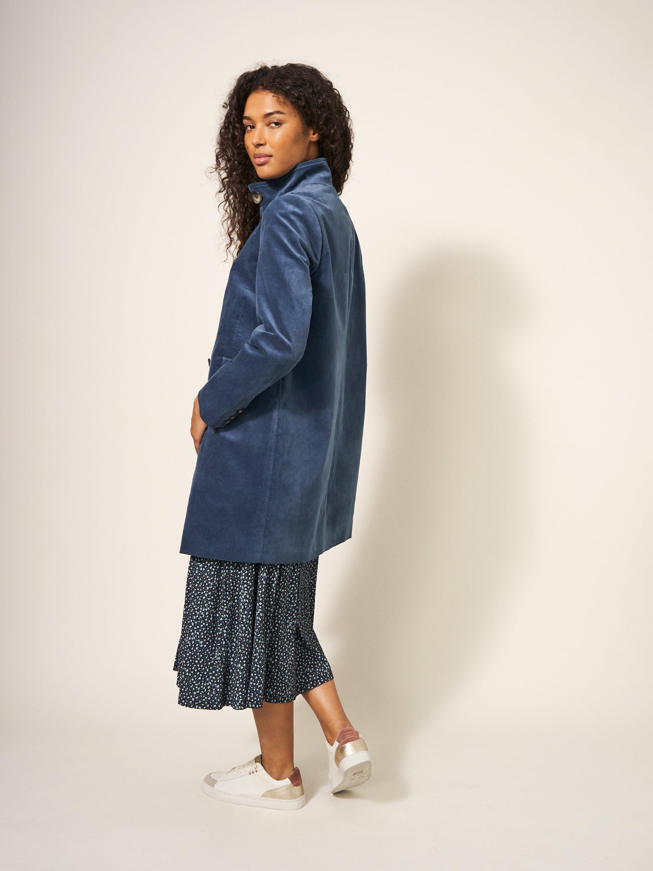 Karla Smart Velvet Coat in DUS BLUE - MODEL BACK
