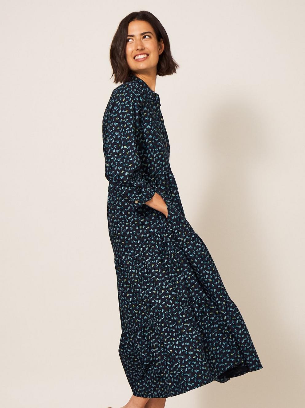 Maya Tiered Shirt Dress in BLK MLT - LIFESTYLE