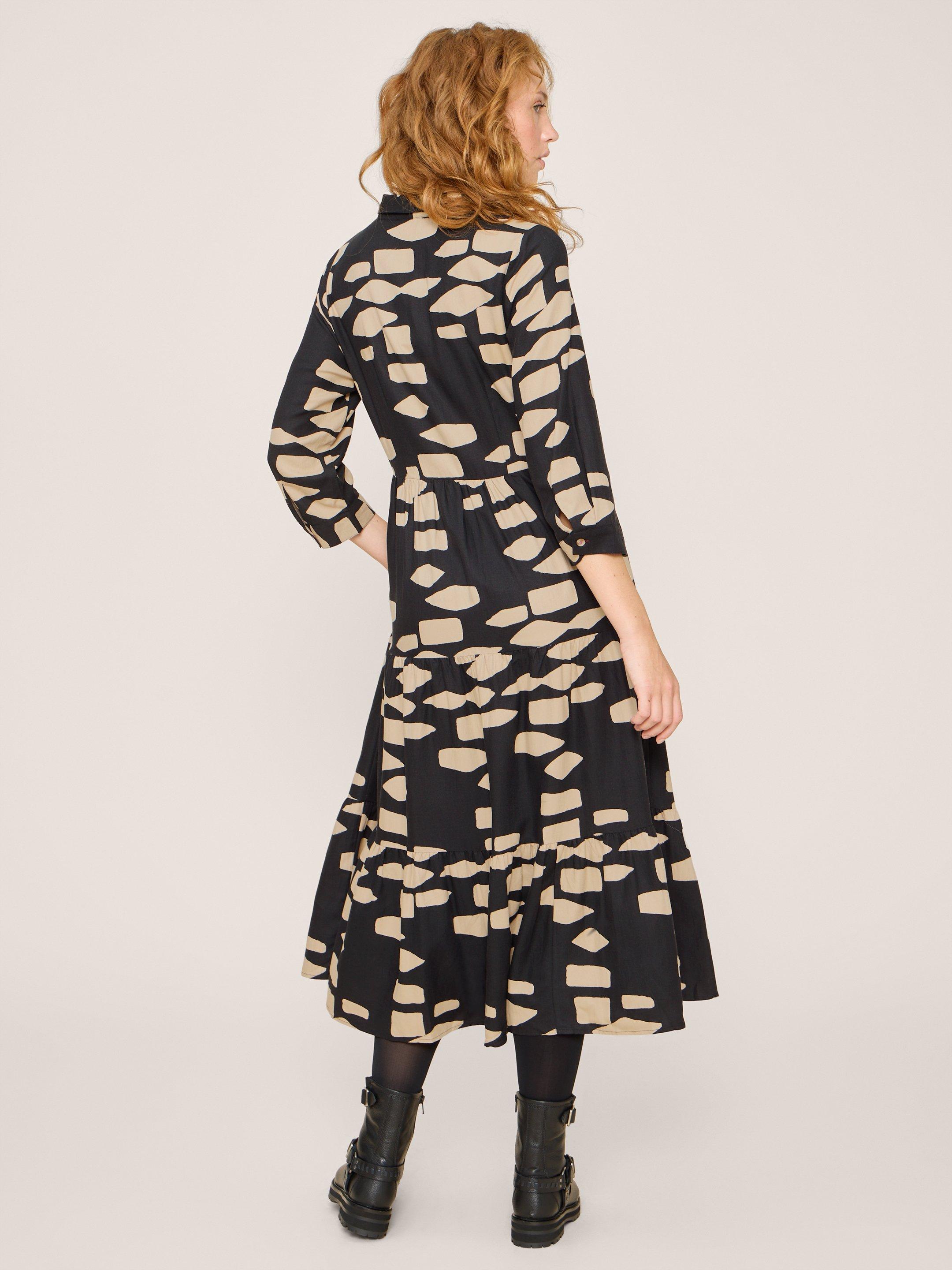 Maya Tiered Shirt Dress in BLK PR - MODEL BACK