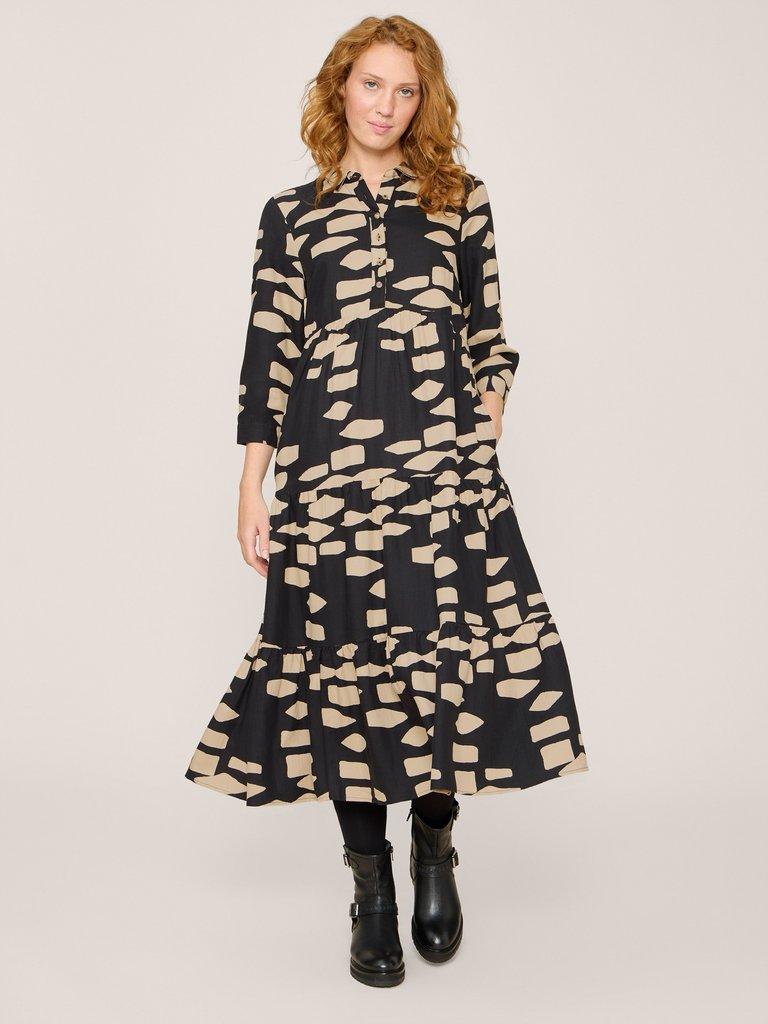 Maya Tiered Shirt Dress in BLACK PRINT | White Stuff