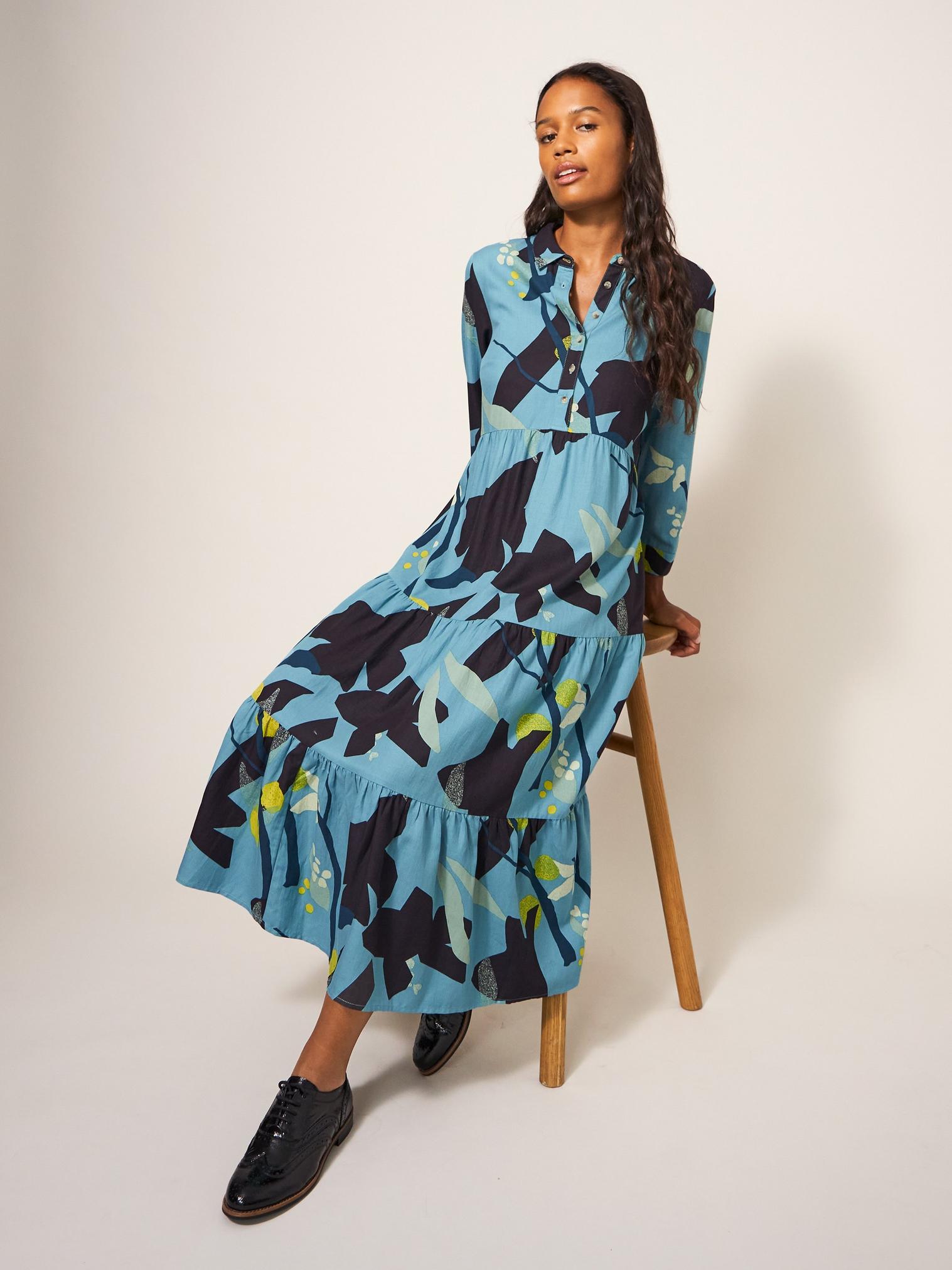 Maya Tiered Shirt Dress in TEAL MULTI | White Stuff