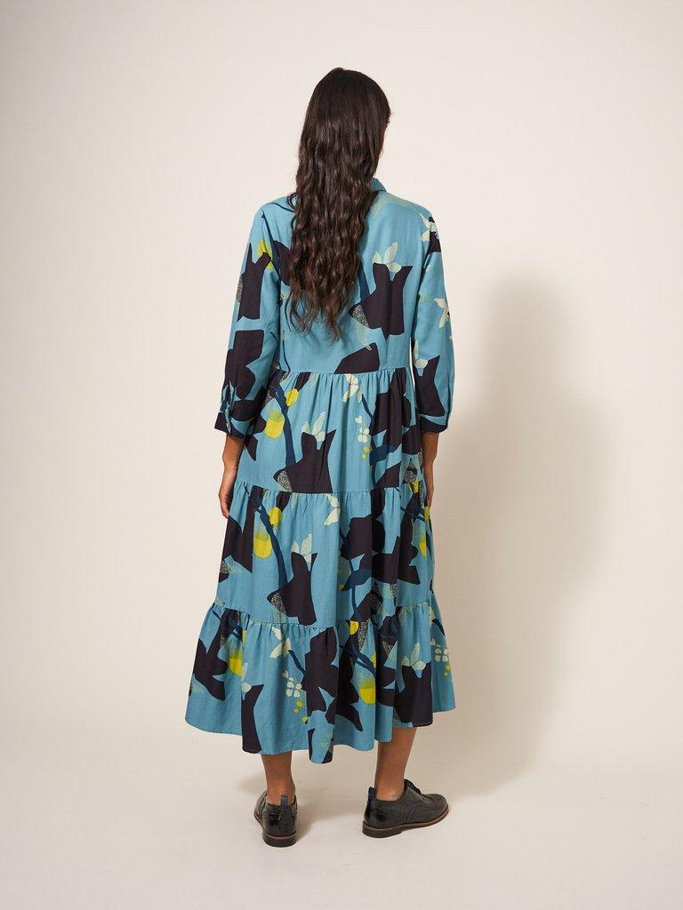 Maya Tiered Shirt Dress in TEAL MLT - MODEL BACK