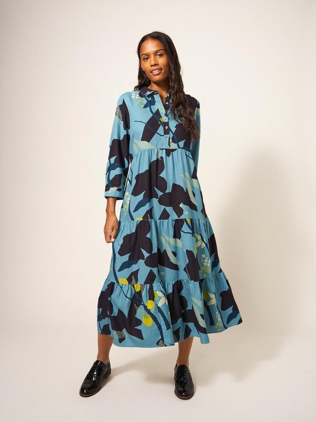 Maya Tiered Shirt Dress in TEAL MLT - MODEL DETAIL