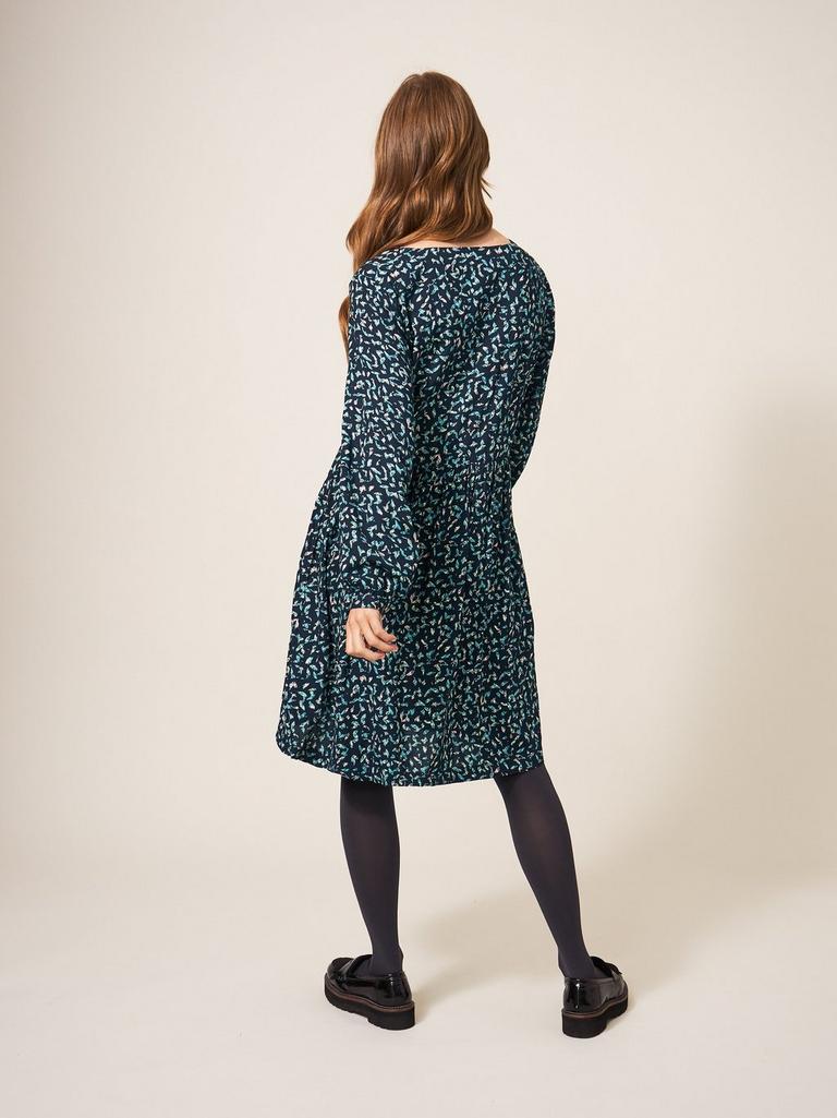 Penelope Long Sleeve Eco Vero Dress in BLK MLT - MODEL BACK