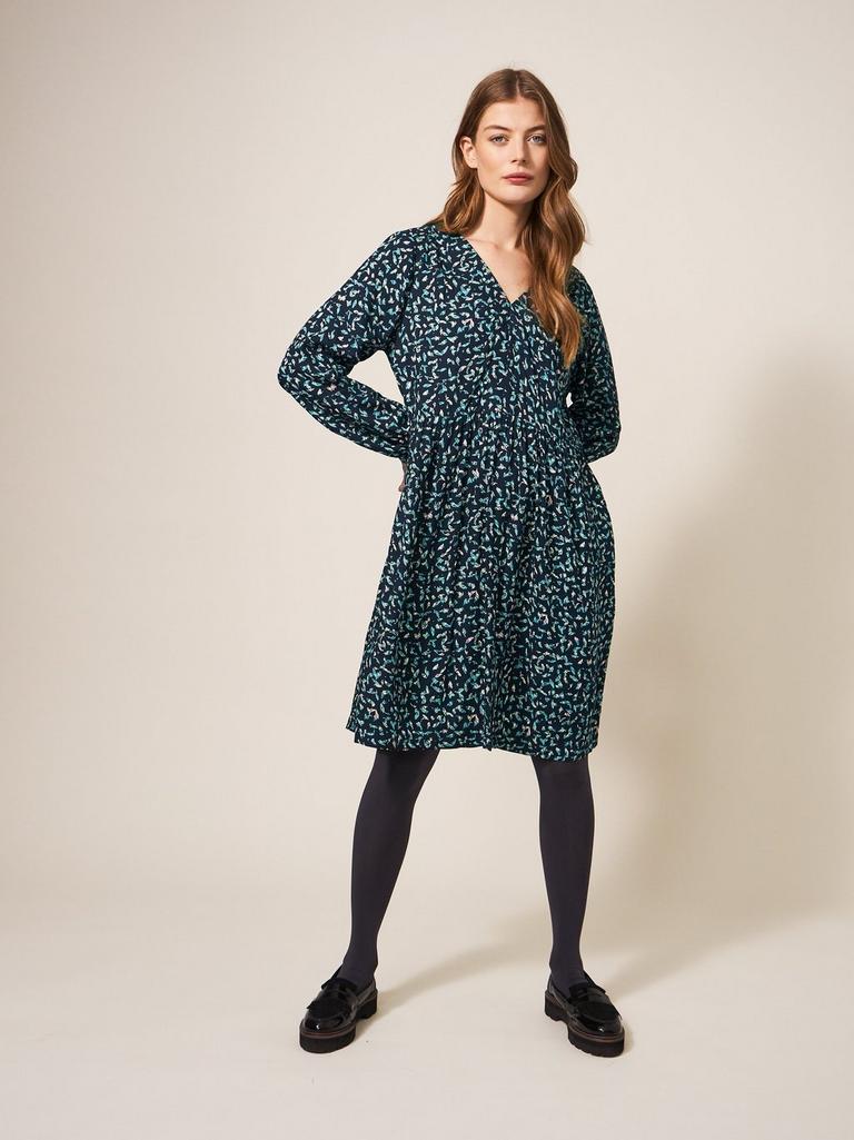 Penelope Long Sleeve Eco Vero Dress in BLK MLT - MODEL DETAIL