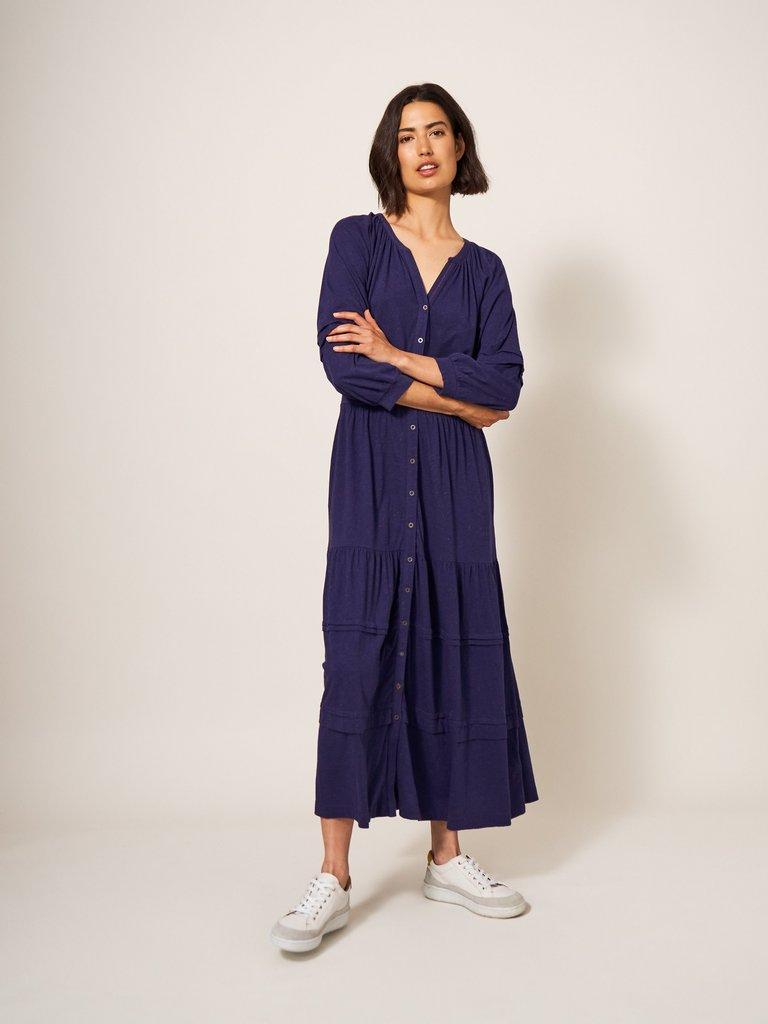 Hallie Soft Jersey Midi Dress in NAVY MULTI - MODEL DETAIL