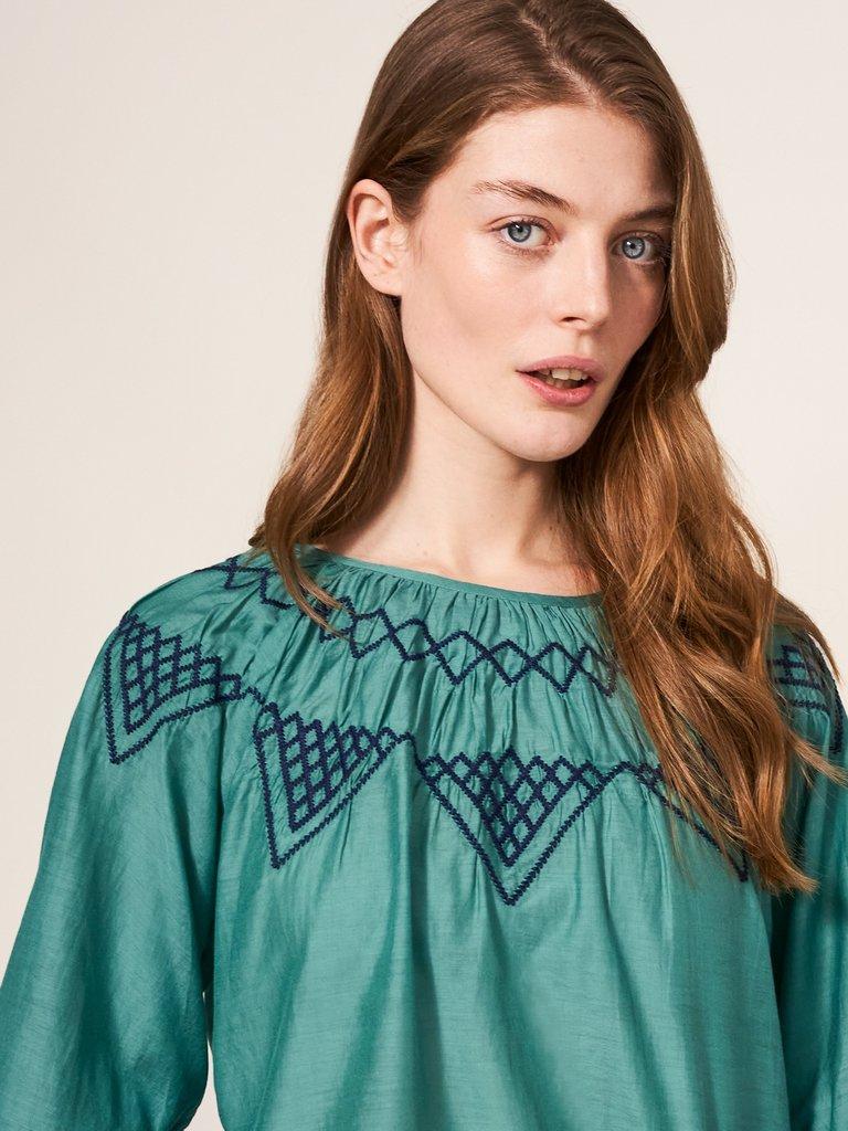 Esme Cotton Silk Top  in GREEN MLT - MODEL DETAIL