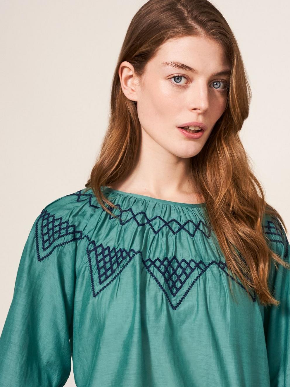 Esme Cotton Silk Top  in GREEN MLT - MODEL DETAIL