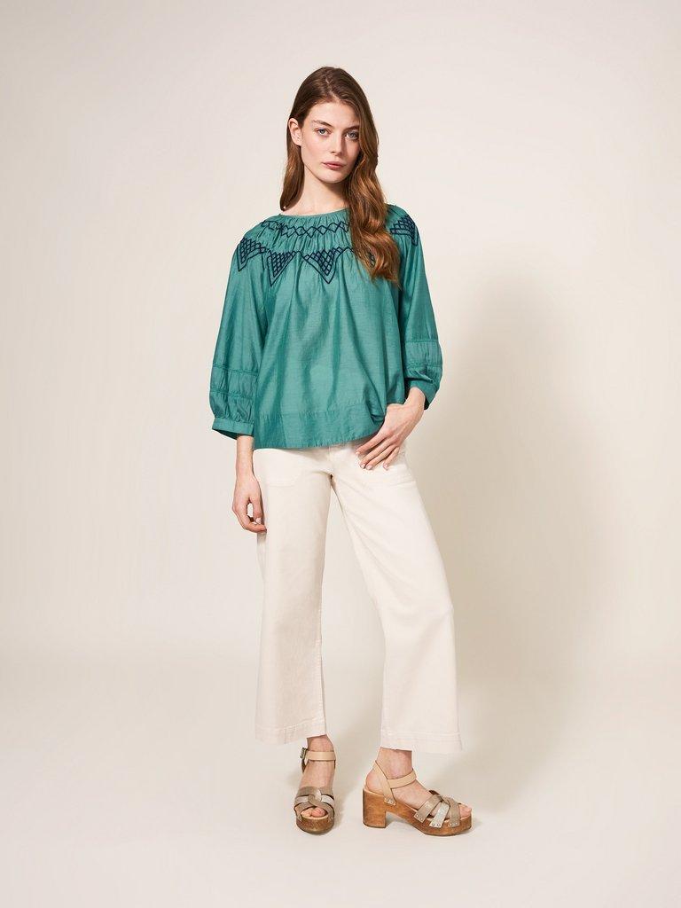 Esme Cotton Silk Top  in GREEN MLT - MODEL FRONT