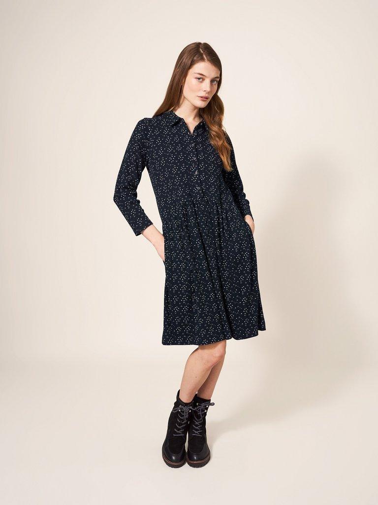 Everly Rib Jersey Shirt Dress in BLK MLT - MODEL FRONT
