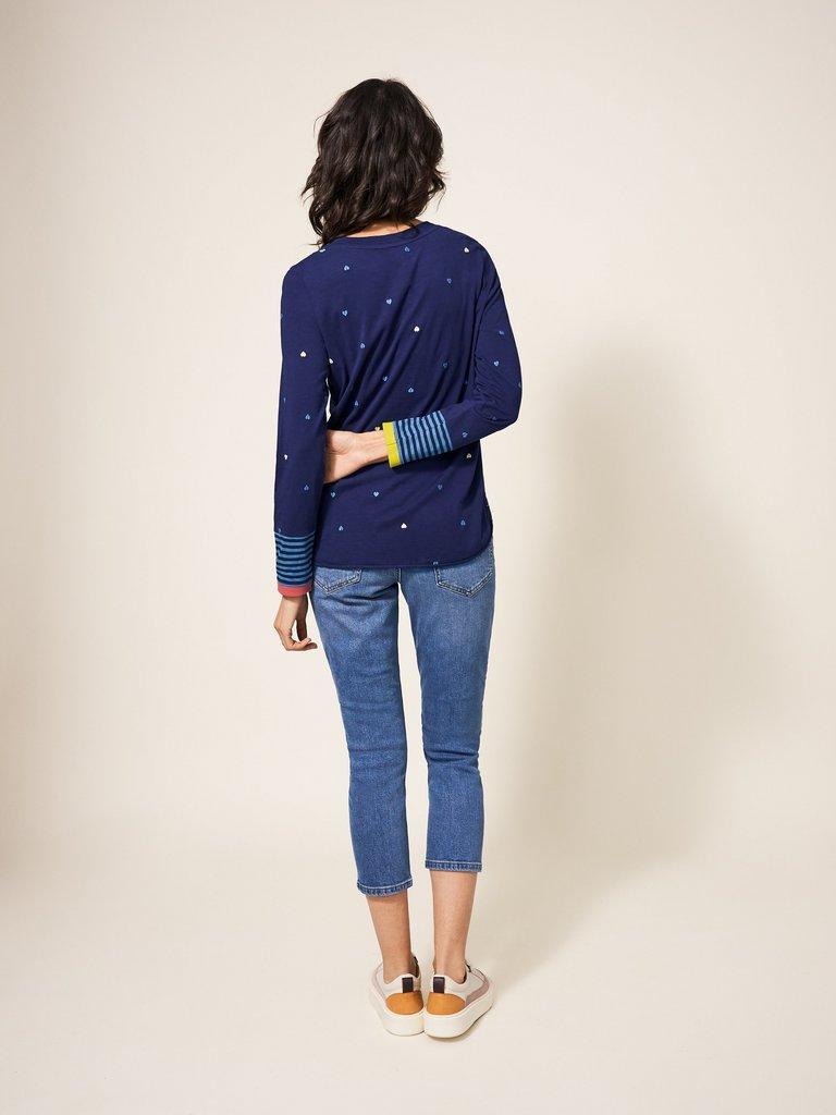 CASSIE EMBROIDERED TEE in NAVY MULTI - MODEL BACK