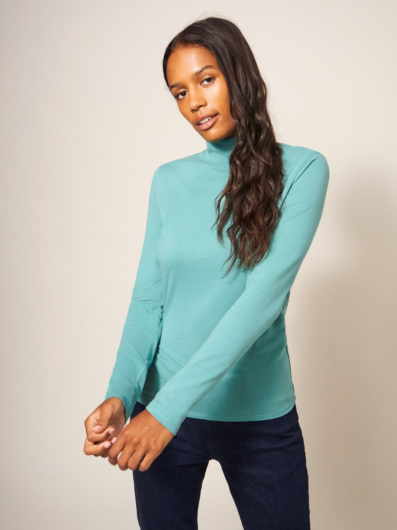 CAMILE HIGH NECK TEE in LGT TEAL - LIFESTYLE