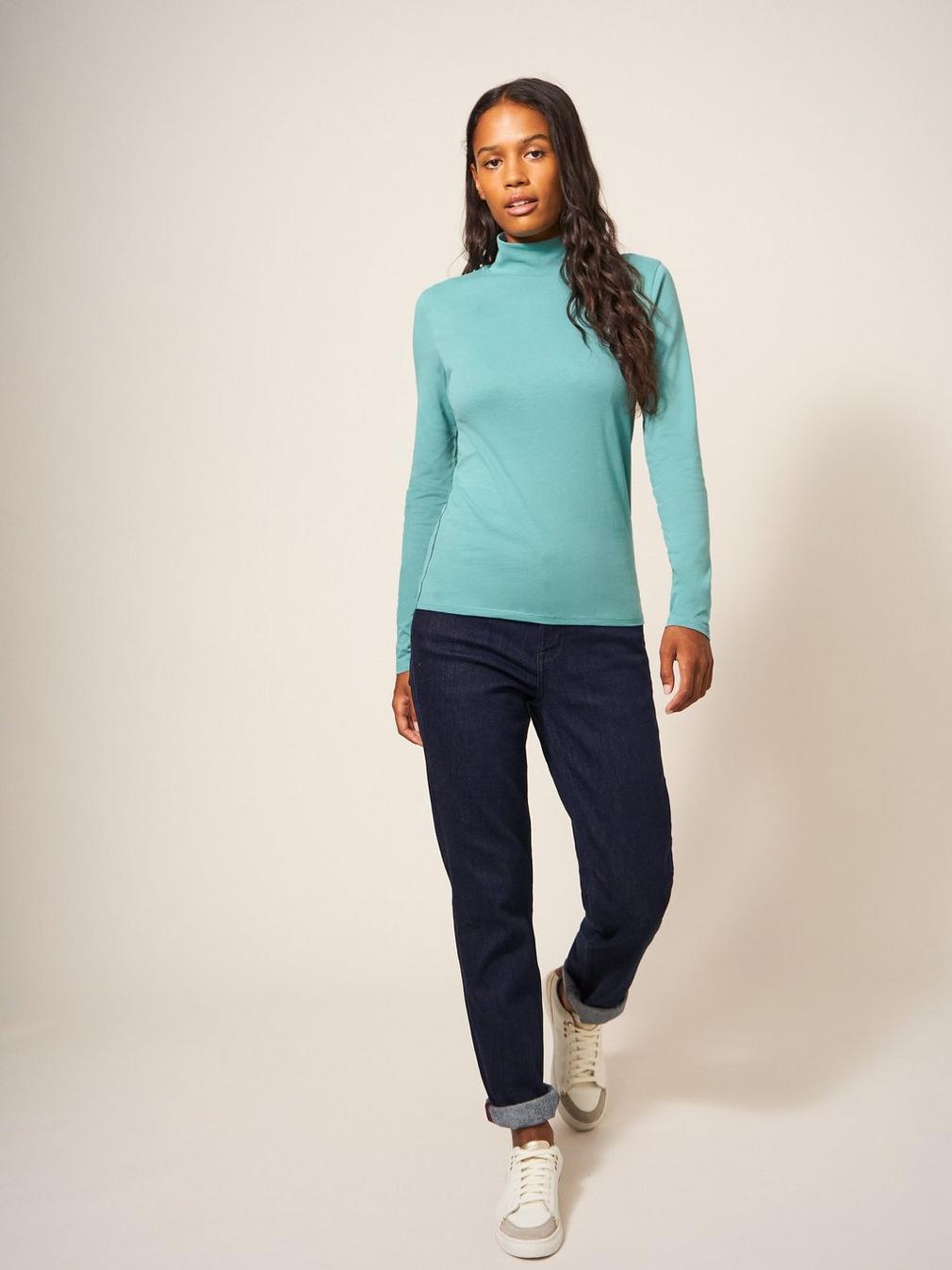 CAMILE HIGH NECK TEE in LGT TEAL - MODEL DETAIL