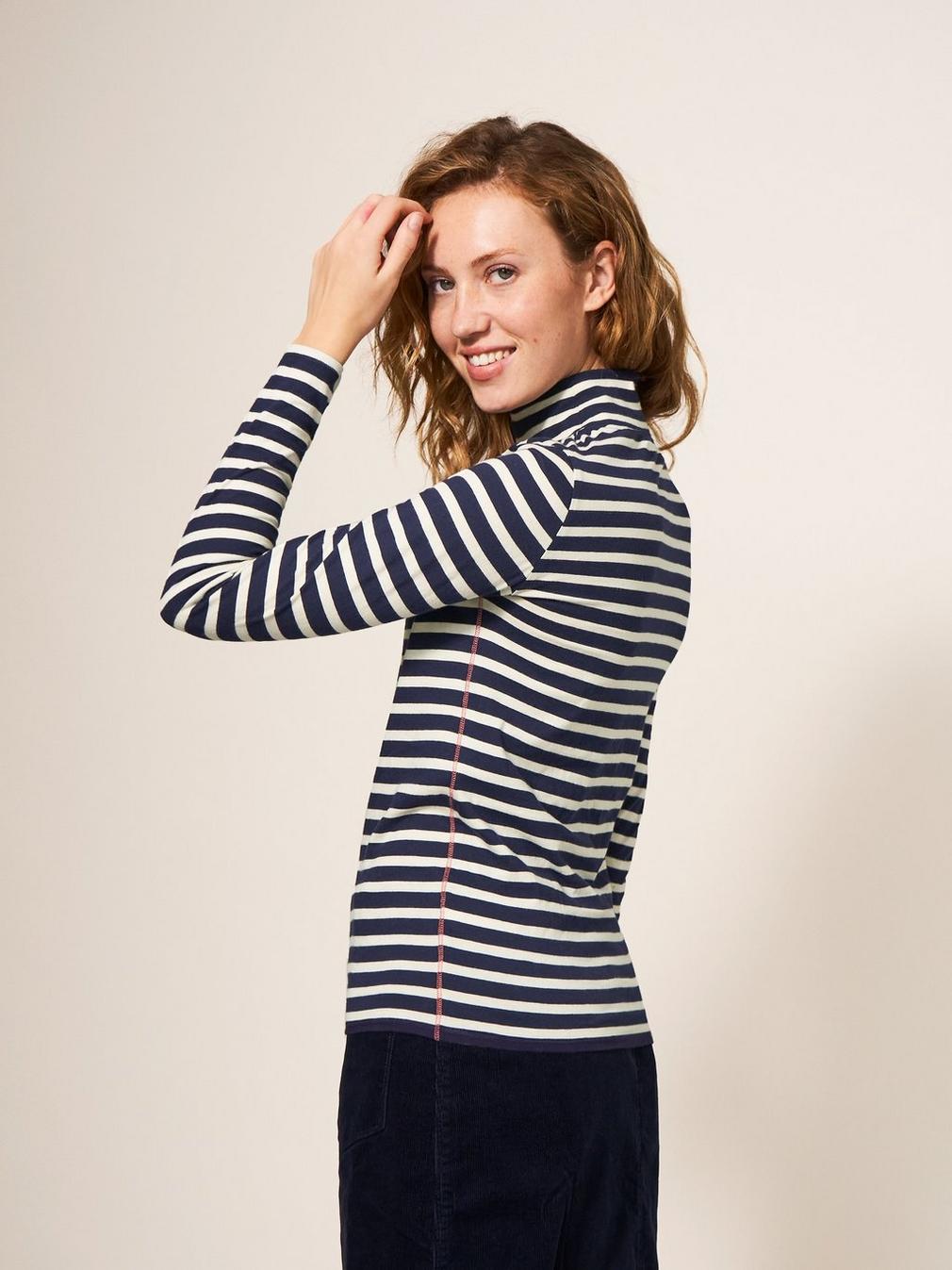 CAMILE HIGH NECK TEE in NAVY MULTI - MODEL BACK