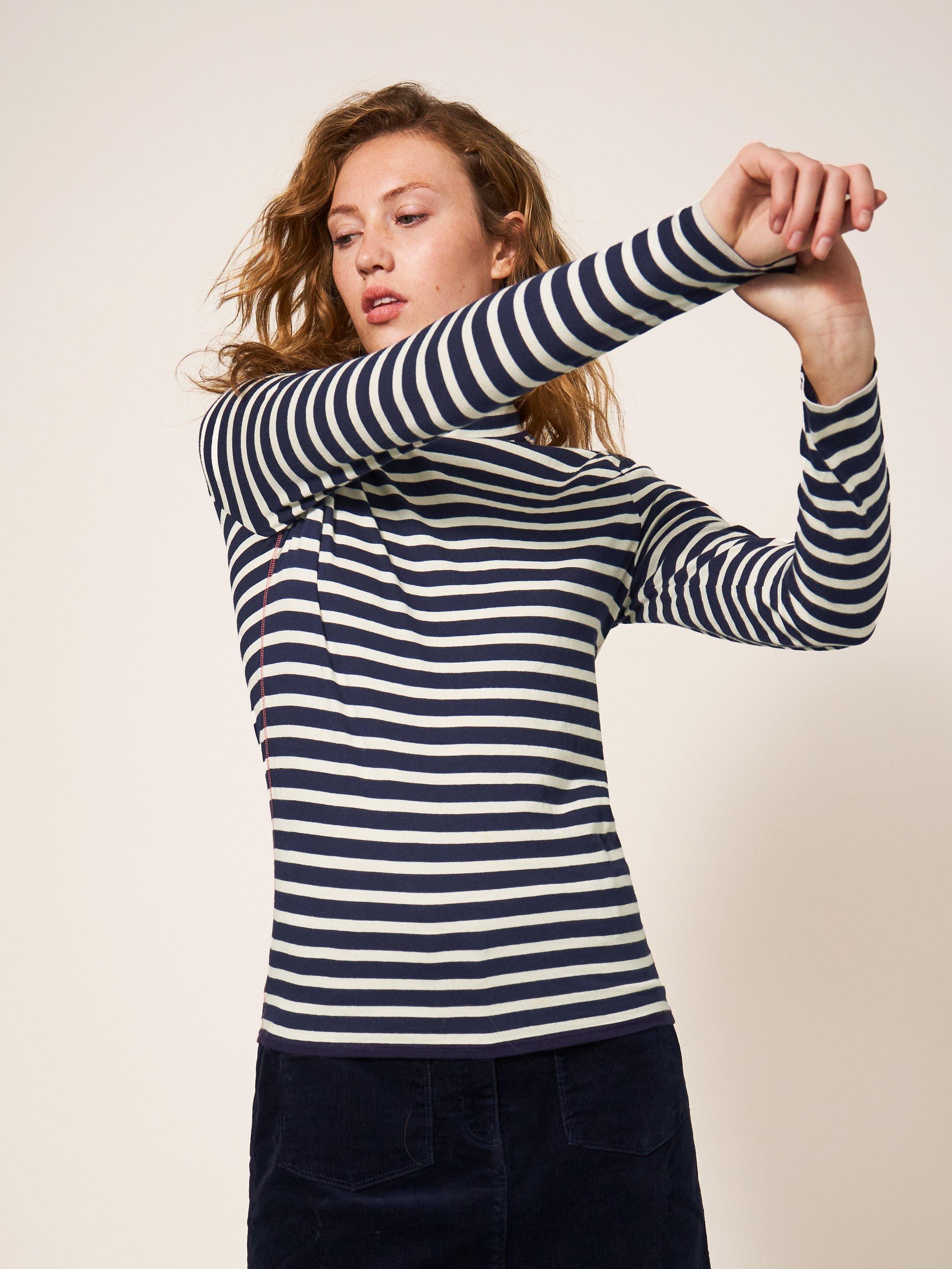 CAMILE HIGH NECK TEE in NAVY MULTI - MODEL DETAIL