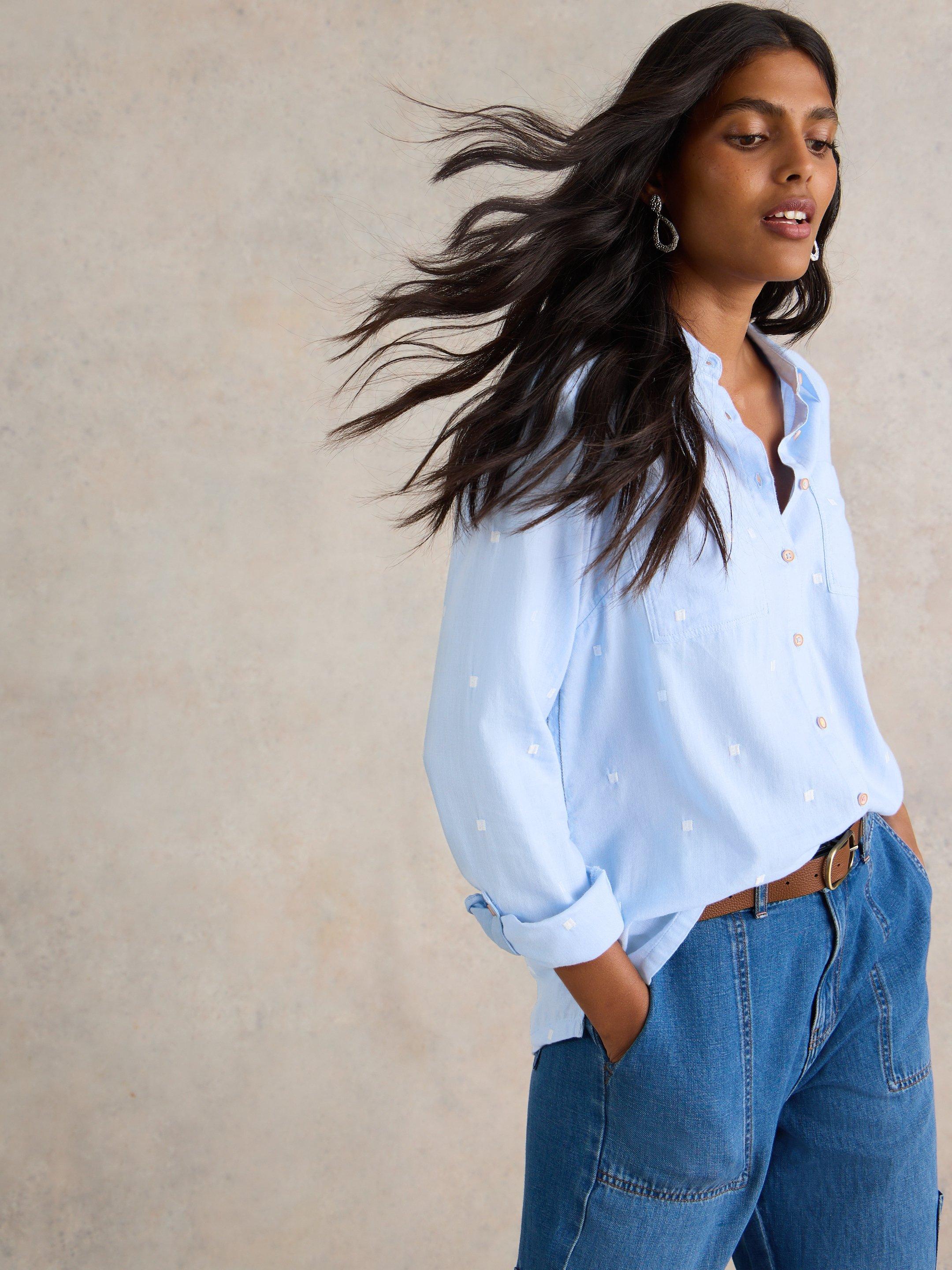 Sophie Organic Cotton Shirt in BLUE MLT - MODEL DETAIL