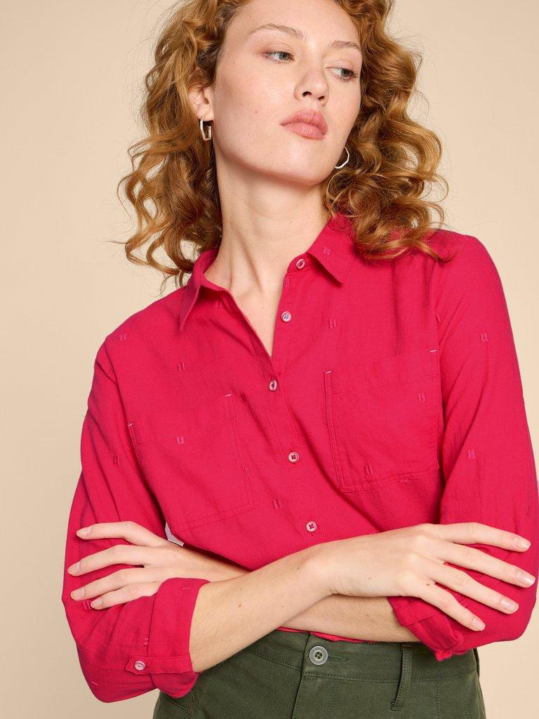 Sophie Organic Cotton Shirt in DK PINK - MODEL DETAIL