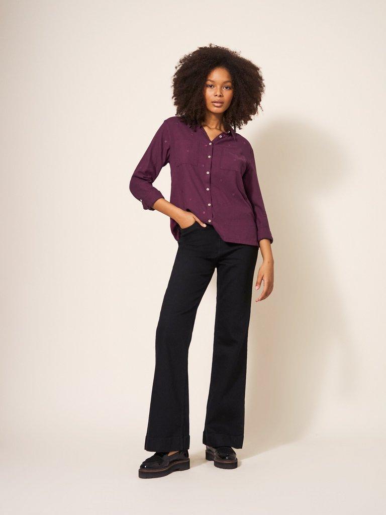 Sophie Organic Cotton Shirt in DK PLUM - MODEL DETAIL