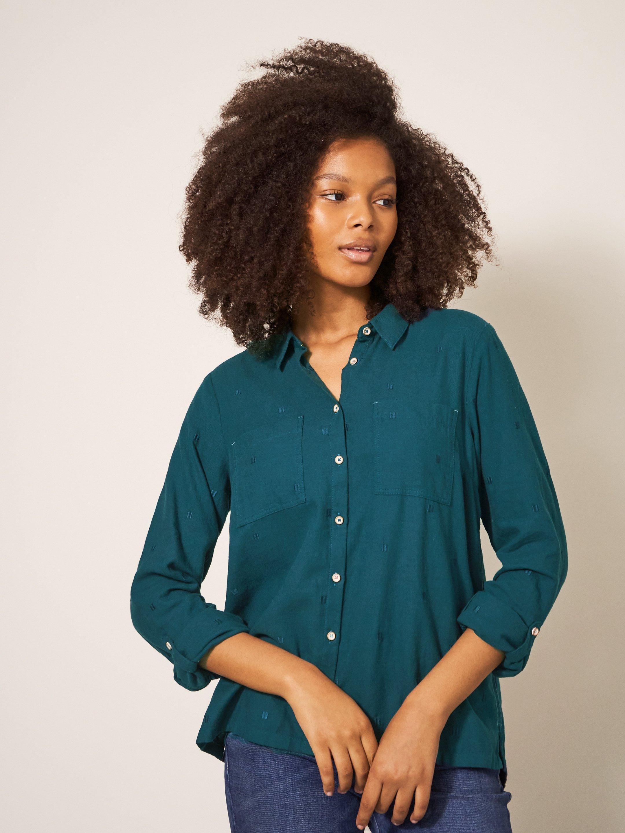 Sophie Organic Cotton Shirt in DK TEAL - LIFESTYLE