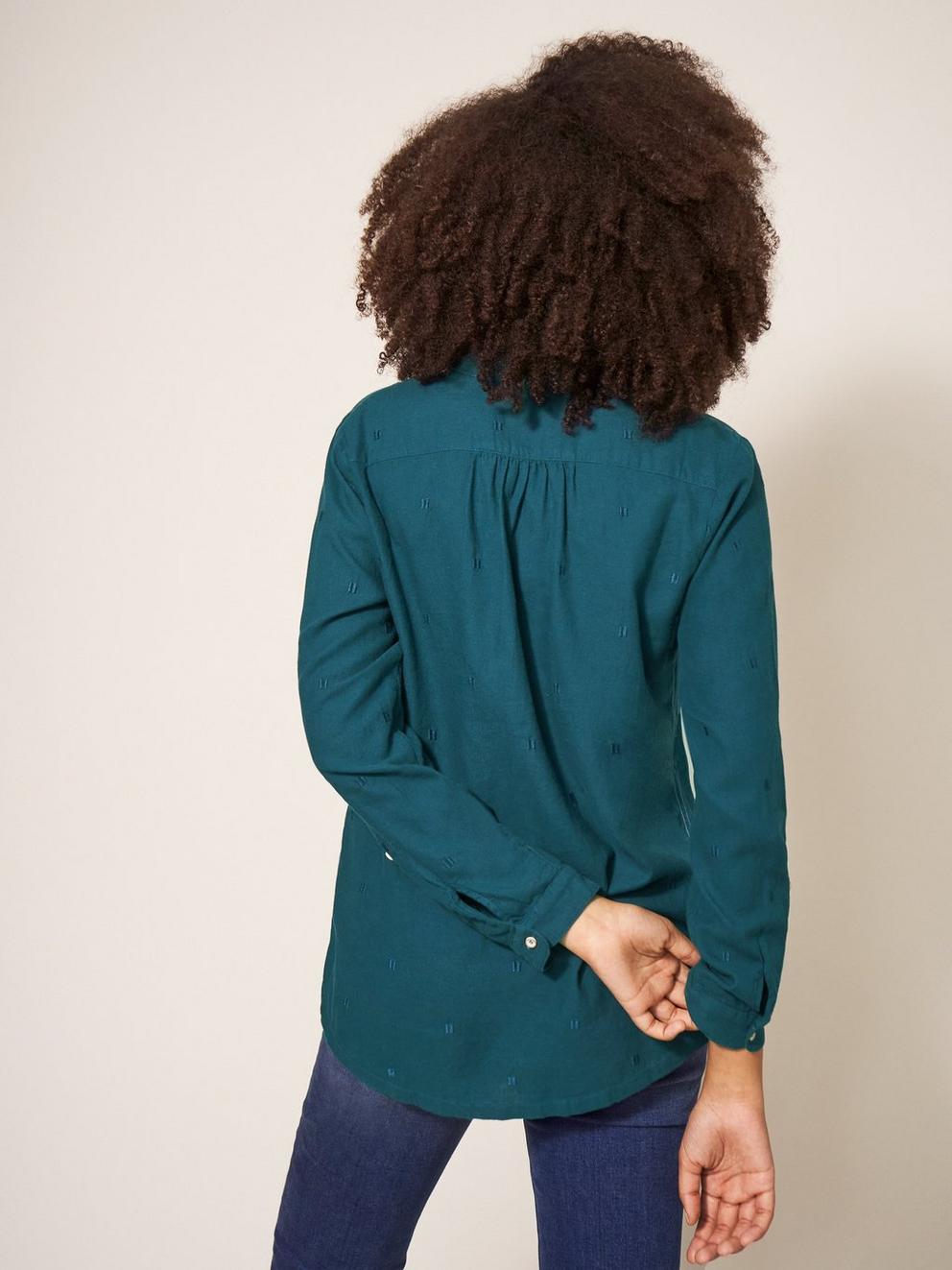 Sophie Organic Cotton Shirt in DK TEAL - MODEL BACK