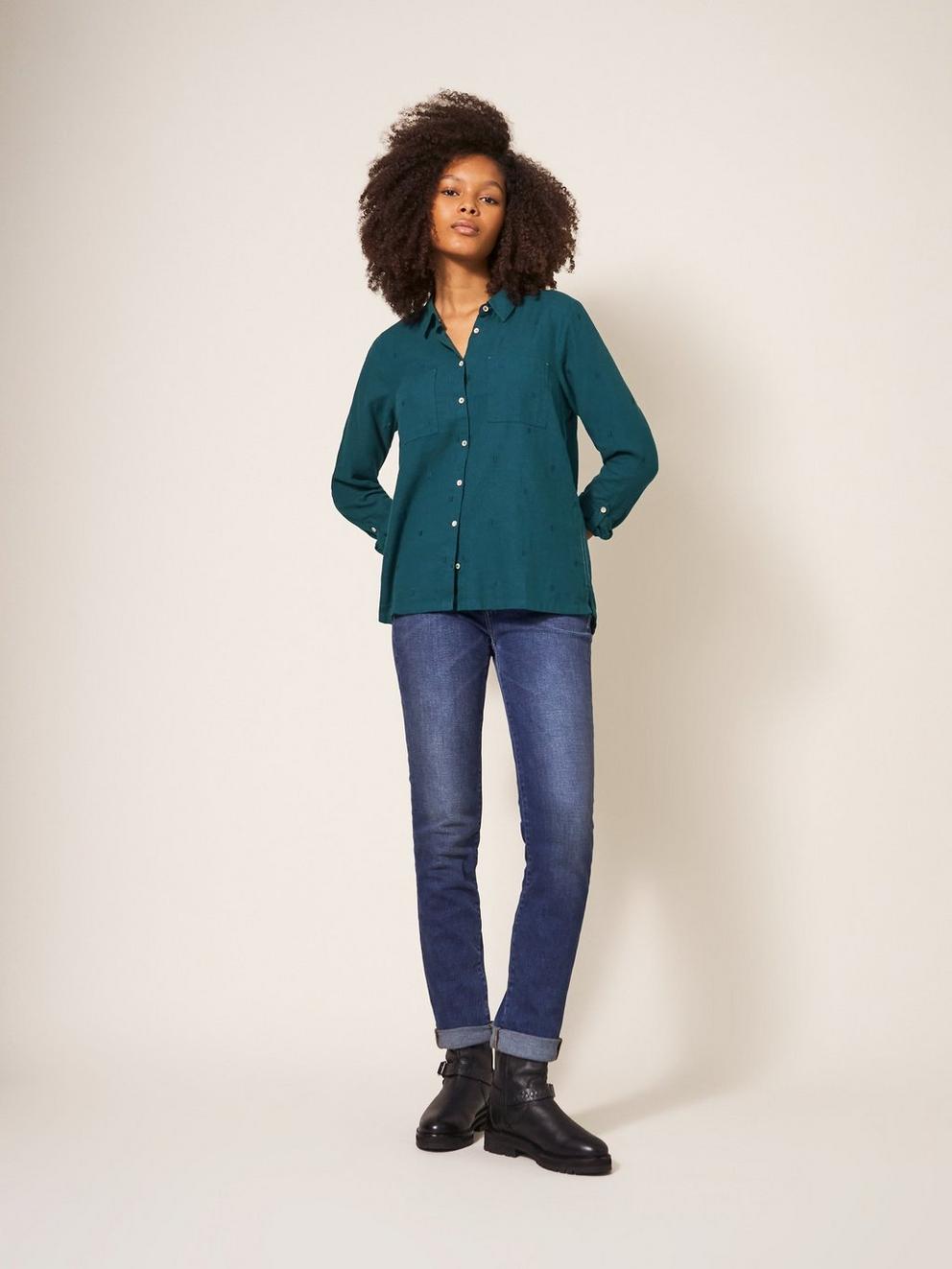 Sophie Organic Cotton Shirt in DK TEAL - MODEL DETAIL