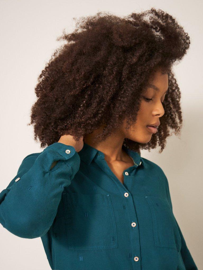 Sophie Organic Cotton Shirt in DK TEAL - MODEL FRONT