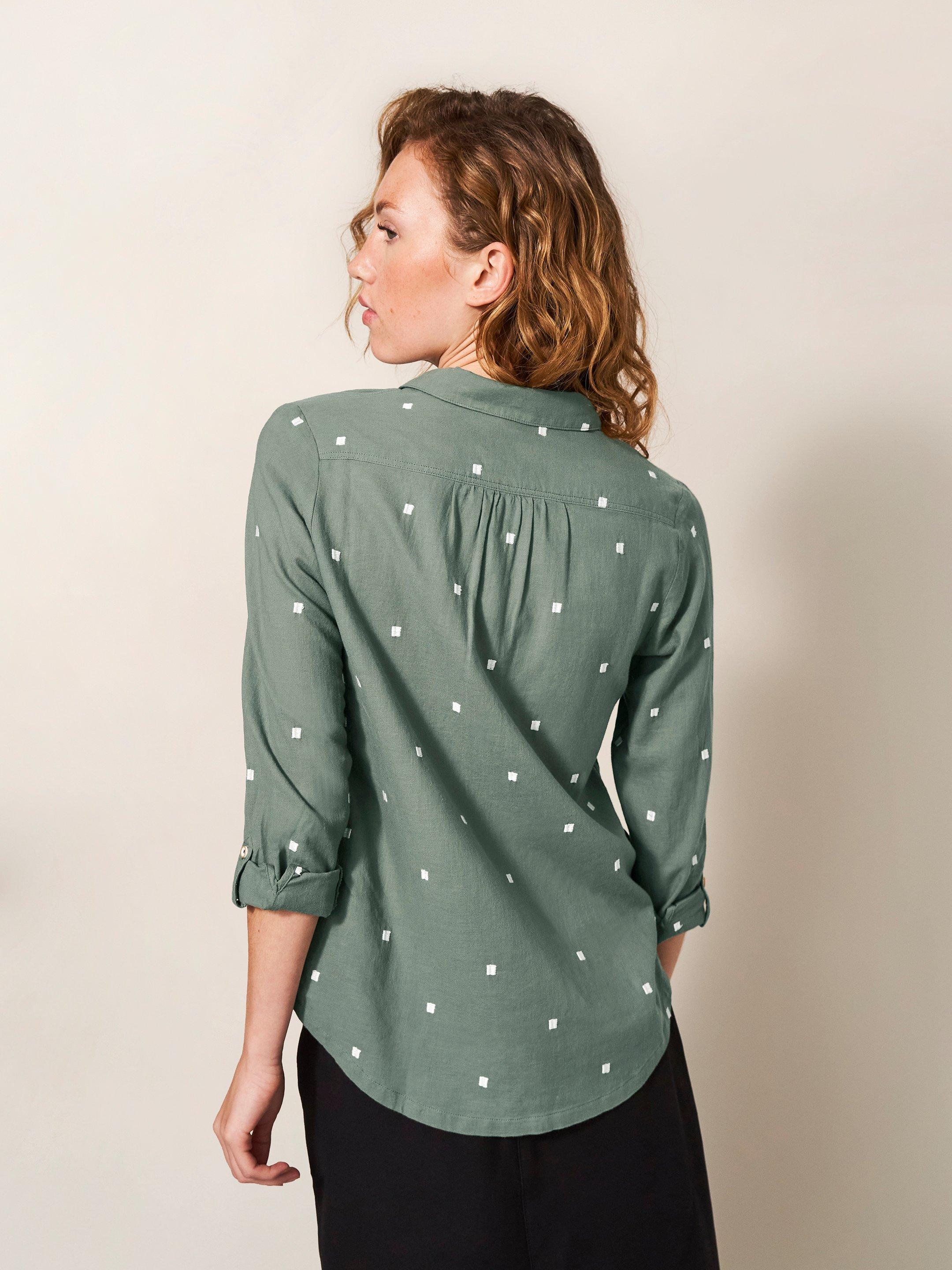 Sophie Organic Cotton Shirt in GREEN MLT - MODEL BACK