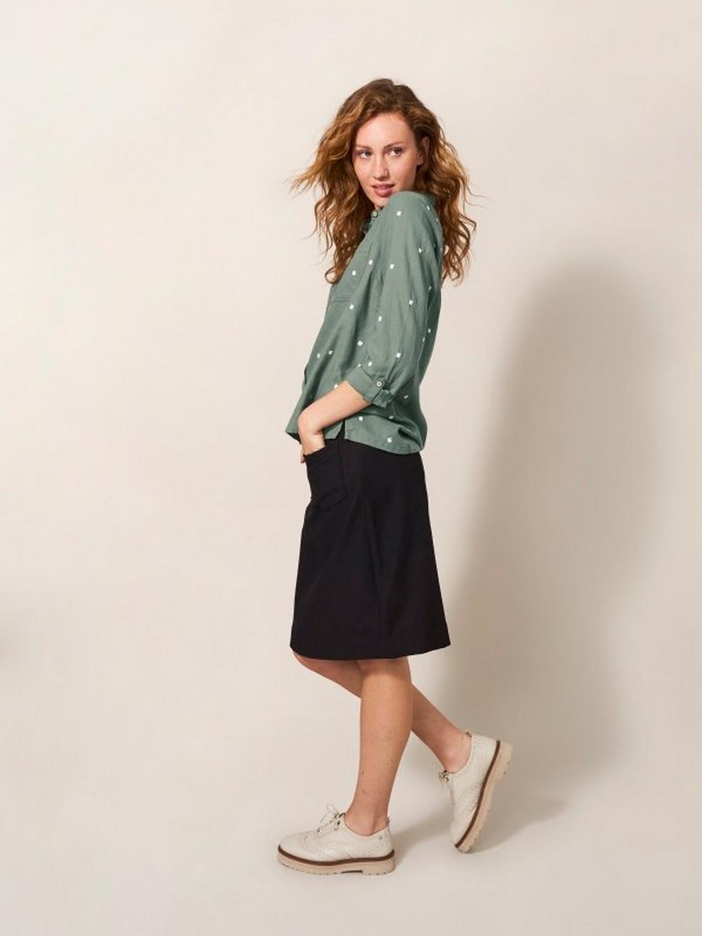 Sophie Organic Cotton Shirt in GREEN MULTI - MODEL FRONT