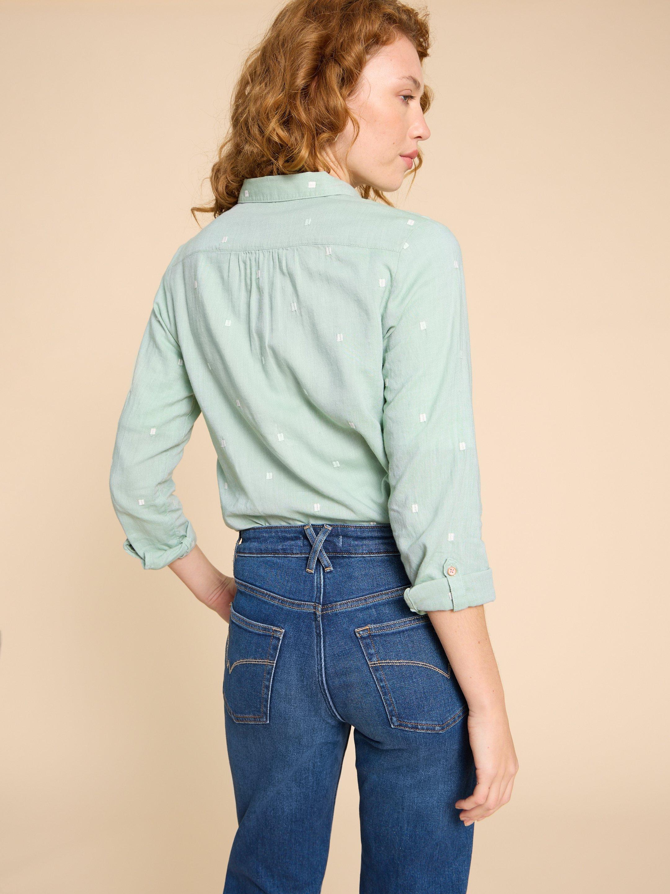 Sophie Organic Cotton Shirt in MID GREEN - MODEL BACK