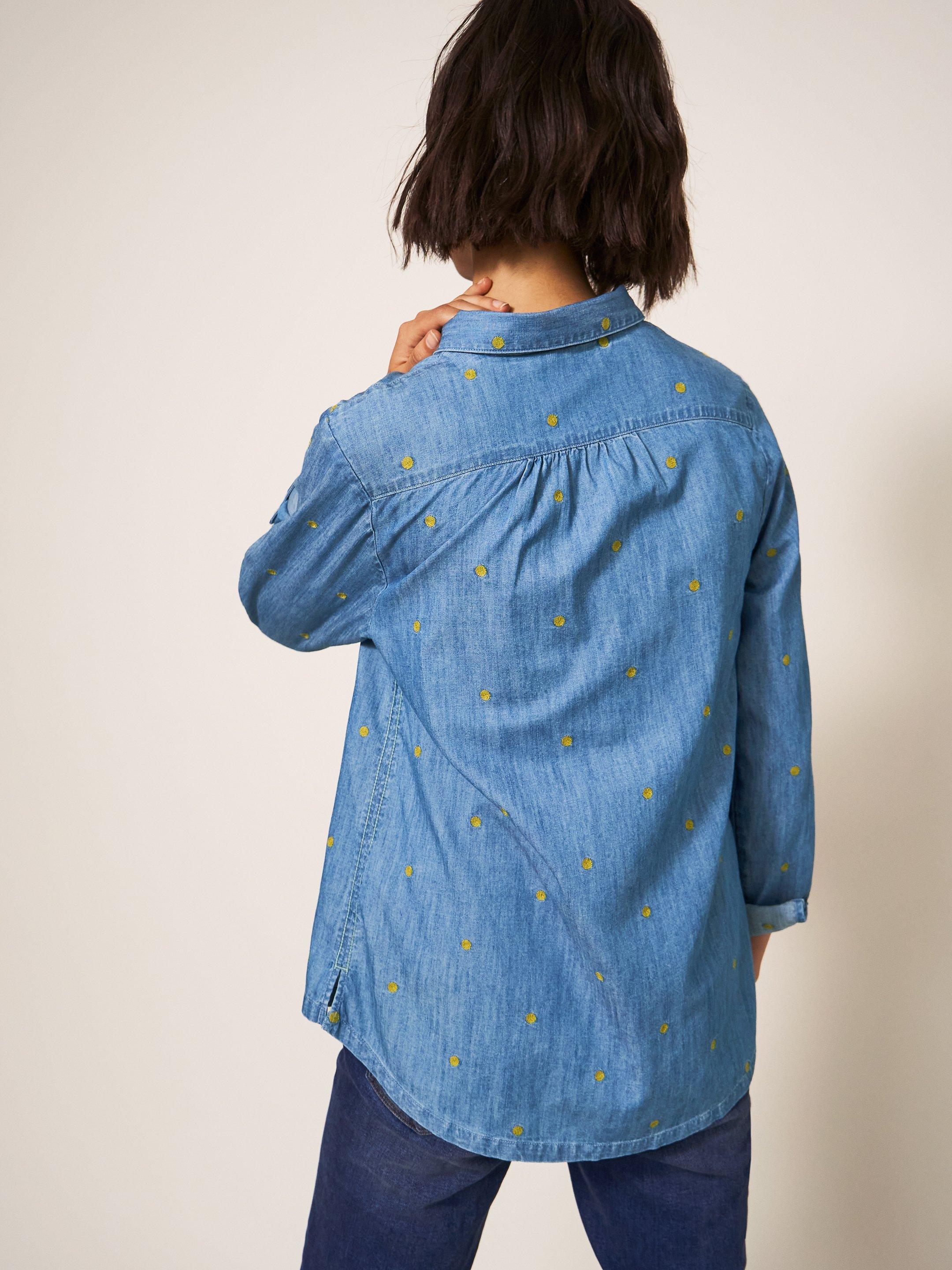 Sophie Embroidered Shirt in DENIM MLT - MODEL BACK