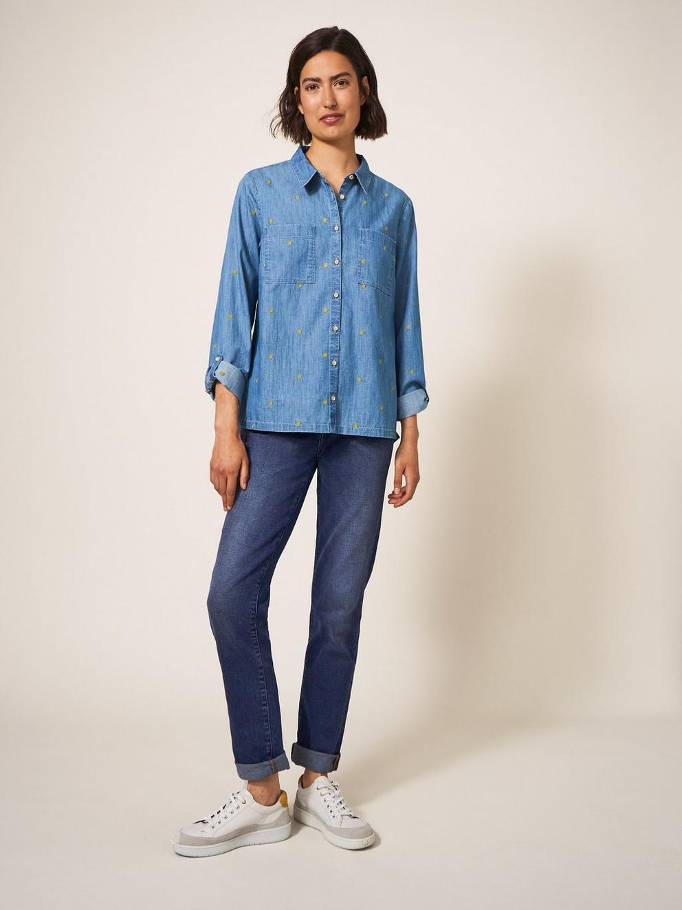 Embroidered Sophie Shirt in DENIM MLT - MODEL DETAIL