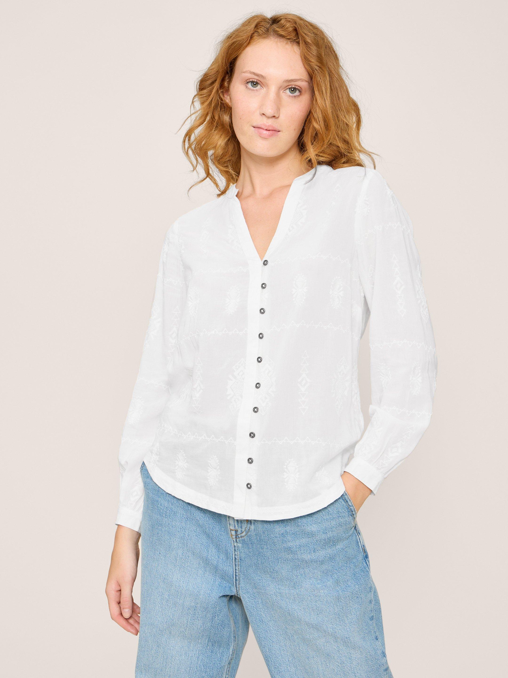 Kate Embroidered Casual Shirt in IVORY MLT - MODEL FRONT