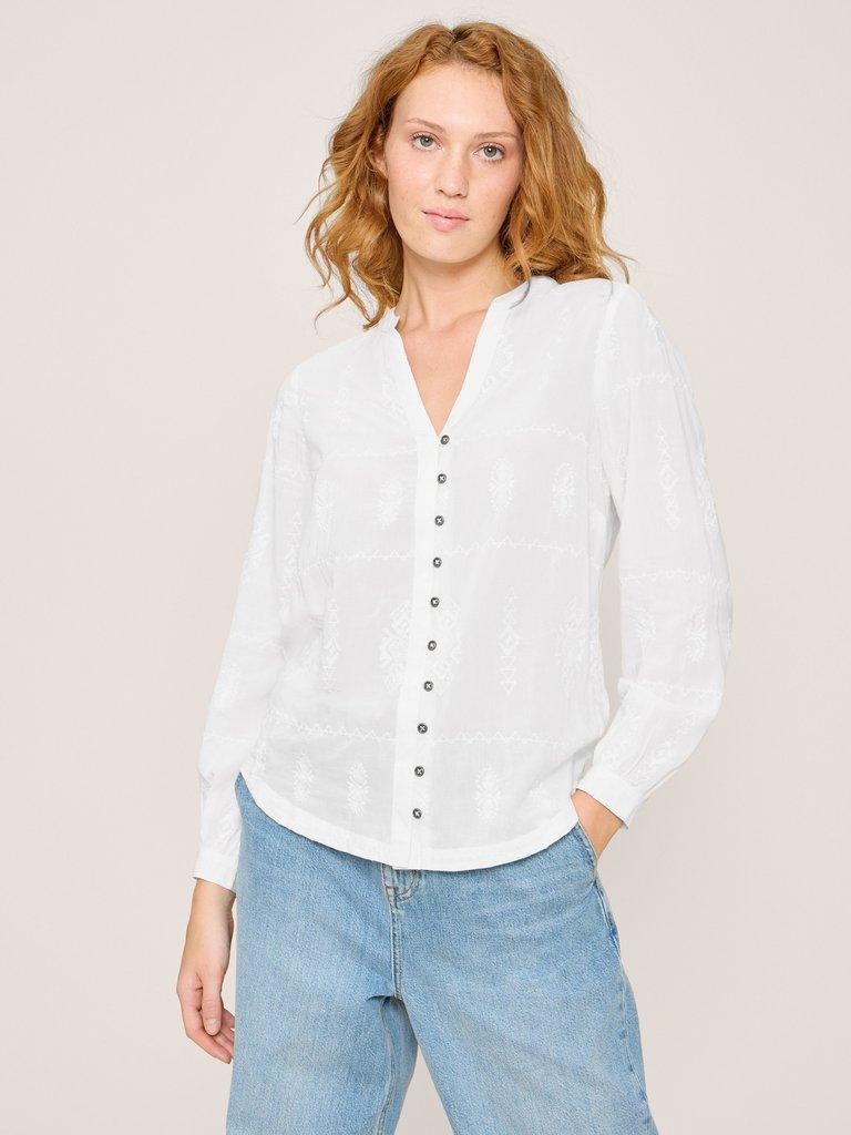 Kate Embroidered Casual Shirt in IVORY MLT - MODEL FRONT