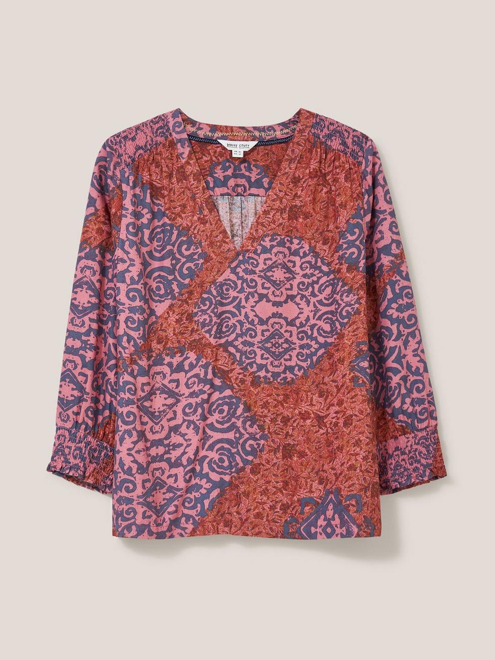 Elisa Eco Vero V Neck Top in RED MLT - FLAT FRONT