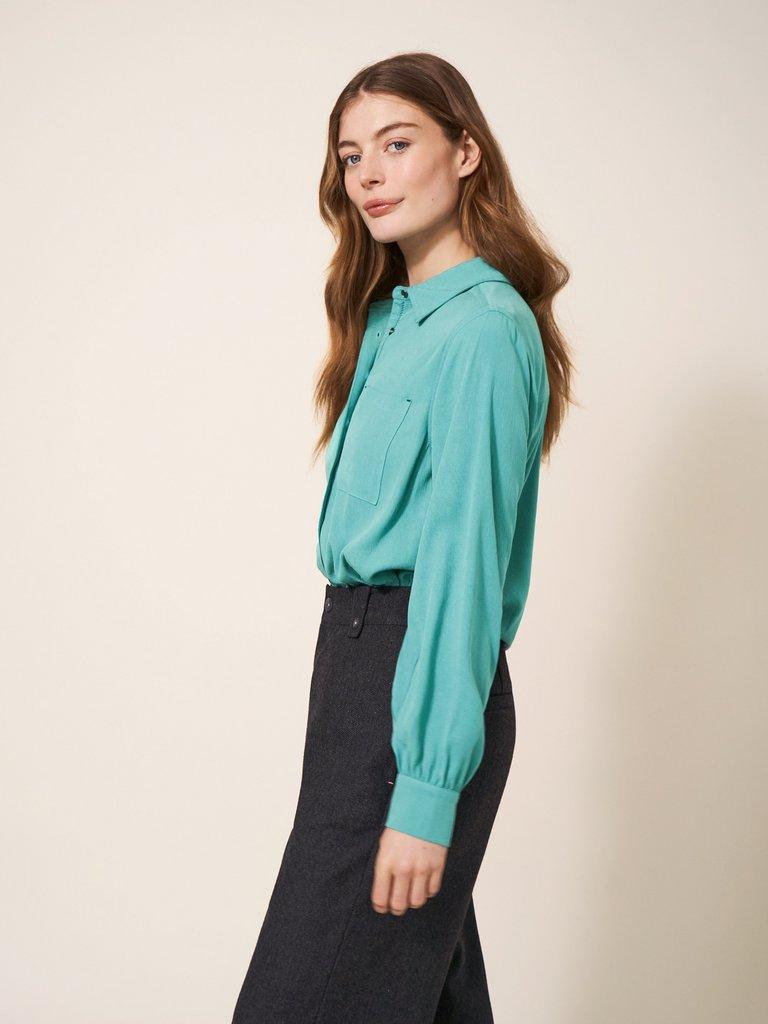 Ella Shirt in MID TEAL - MODEL FRONT