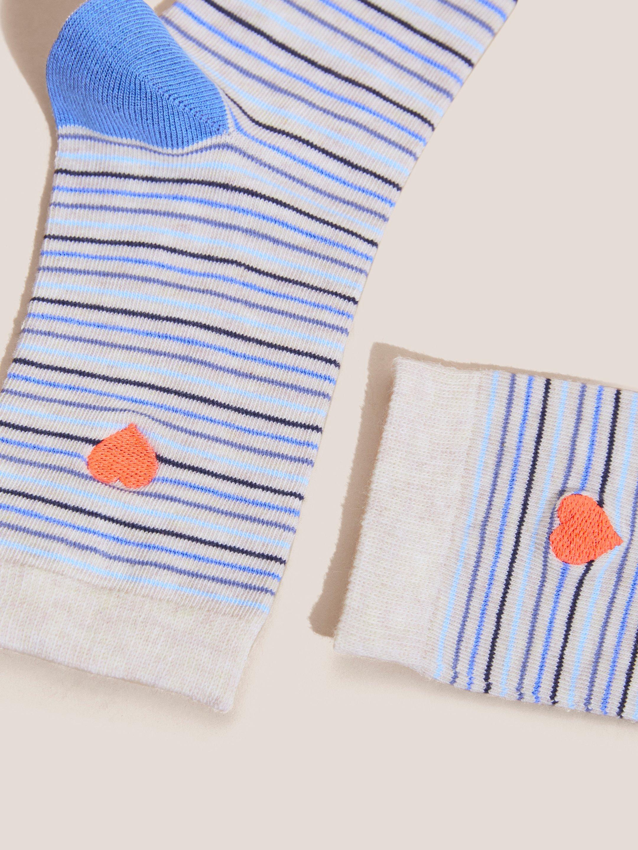 Embroidered Heart Stripe Socks in BLUE MLT - FLAT DETAIL