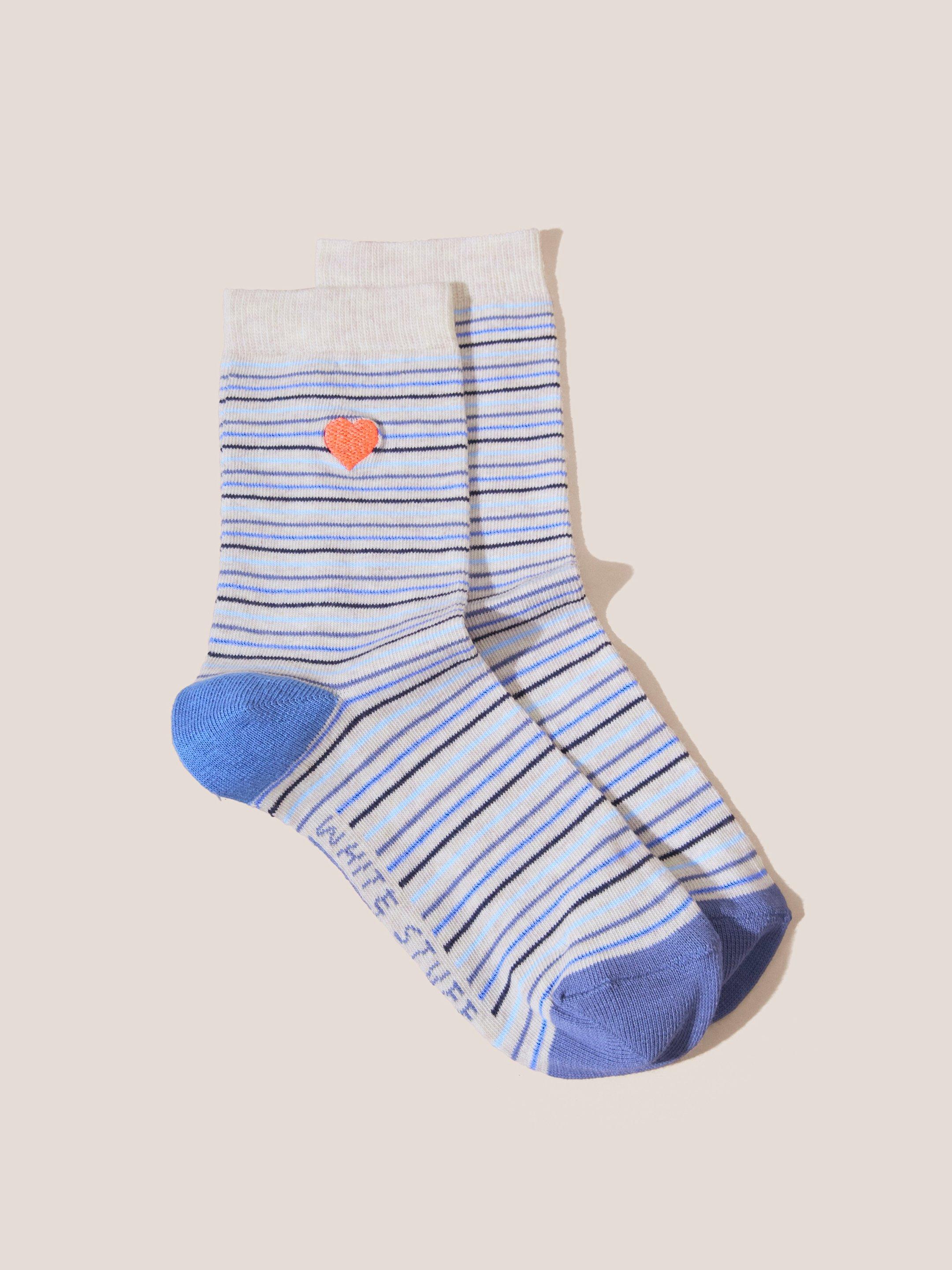 Embroidered Heart Stripe Socks in BLUE MLT - FLAT FRONT
