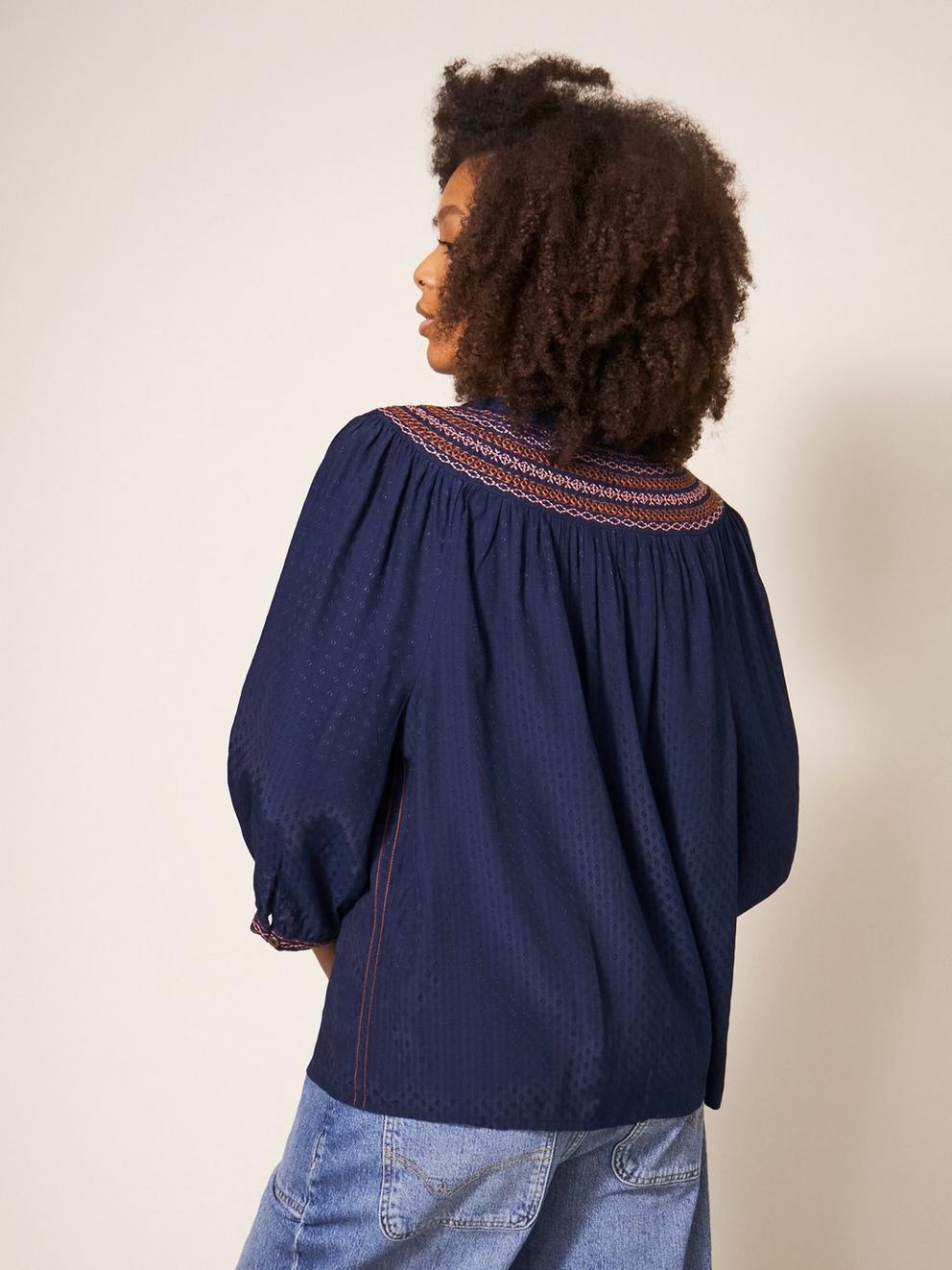 Hayley Embroidered Top in NAVY MULTI - MODEL BACK