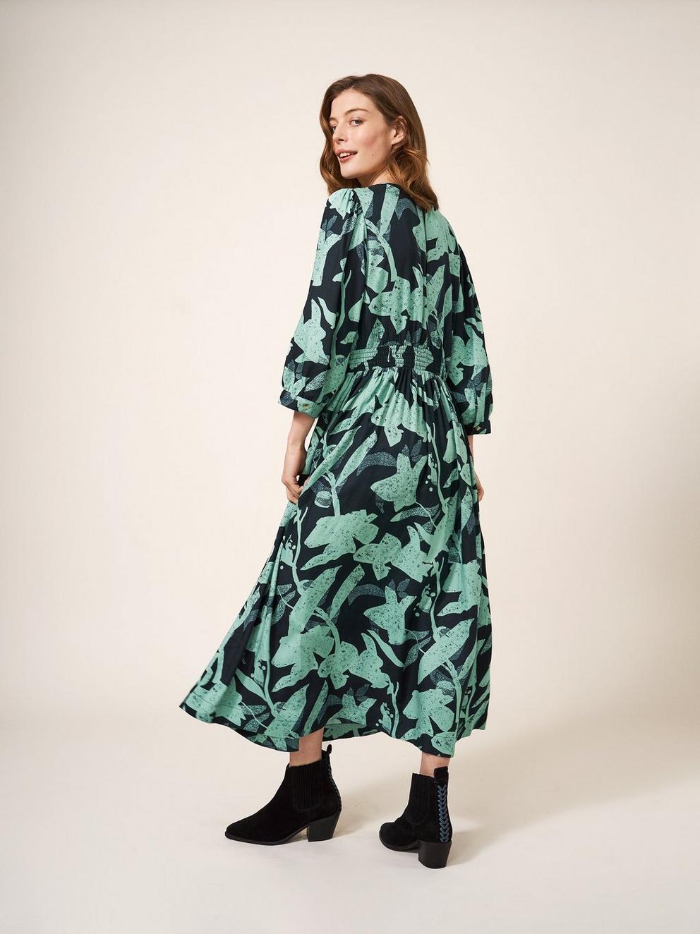 Lucy Eco Vero Midi Dress in GREEN MLT - MODEL BACK