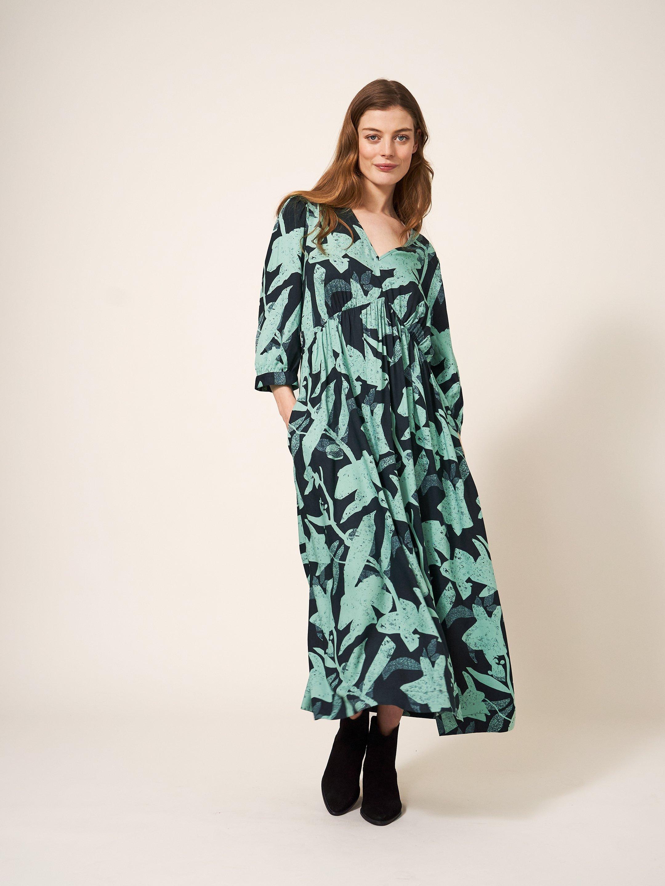 Lucy Eco Vero Midi Dress in GREEN MLT - MODEL DETAIL