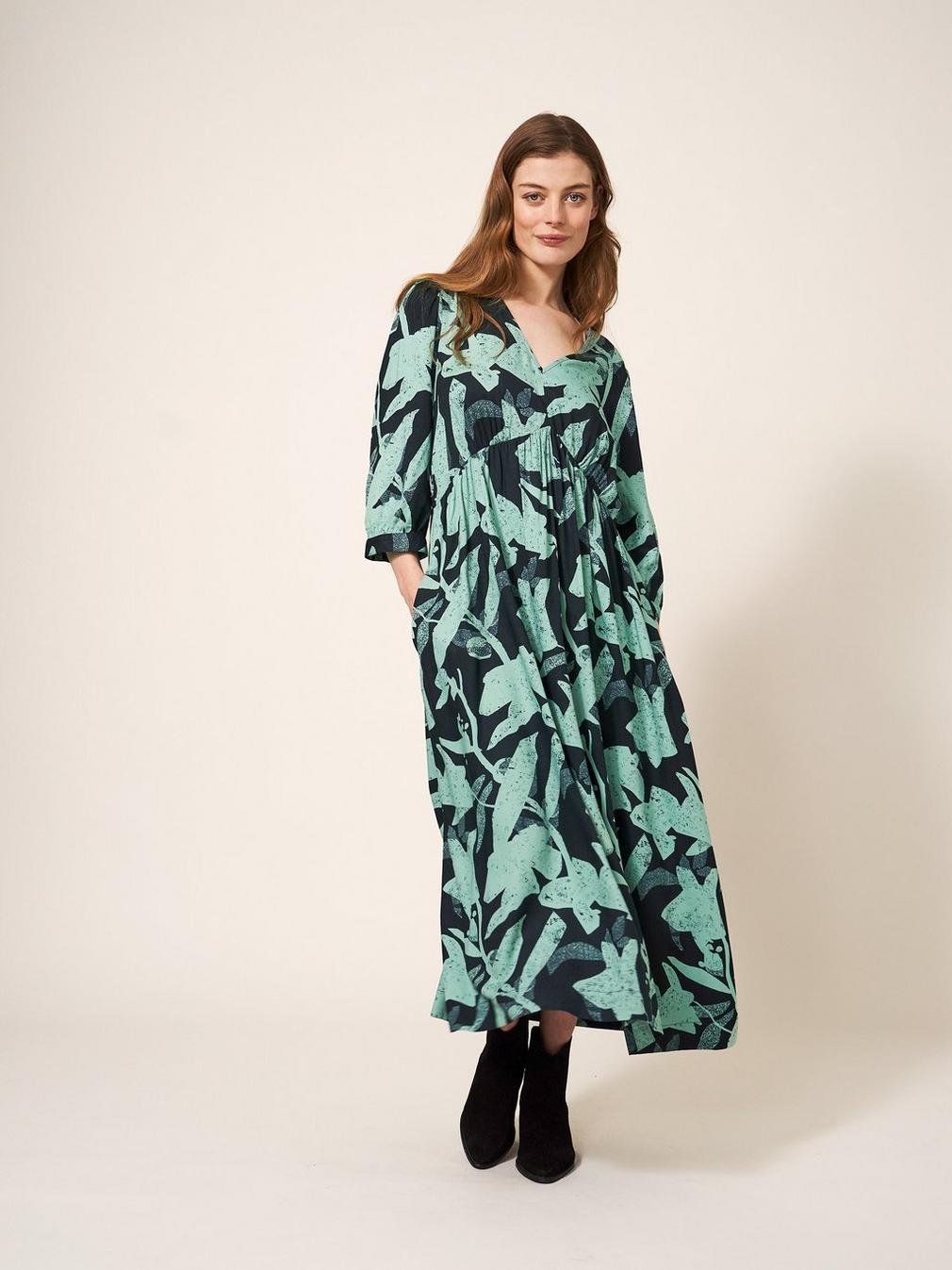 Lucy Eco Vero Midi Dress in GREEN MLT - MODEL DETAIL