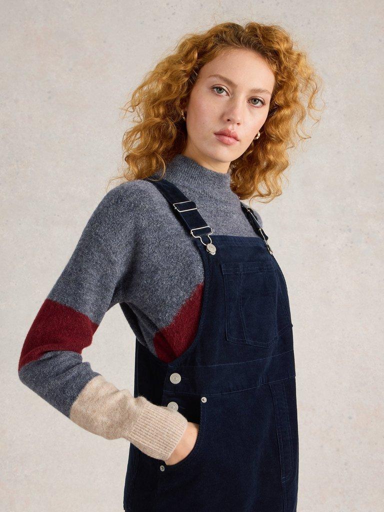 Emmie Organic Cord Pinafore in DARK NAVY - MODEL DETAIL