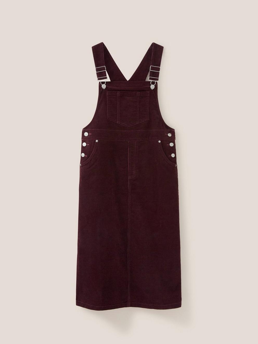 Emmie Organic Cord Pinafore in DK PLUM - FLAT FRONT