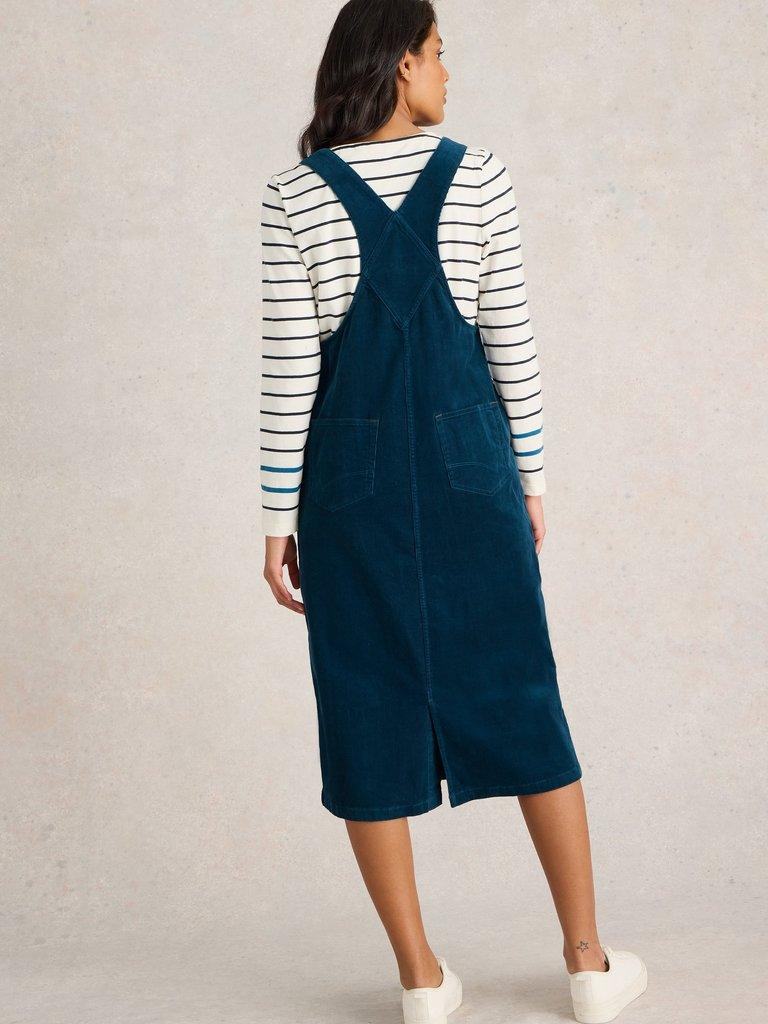 Emmie Organic Cord Pinafore in DK TEAL - MODEL BACK