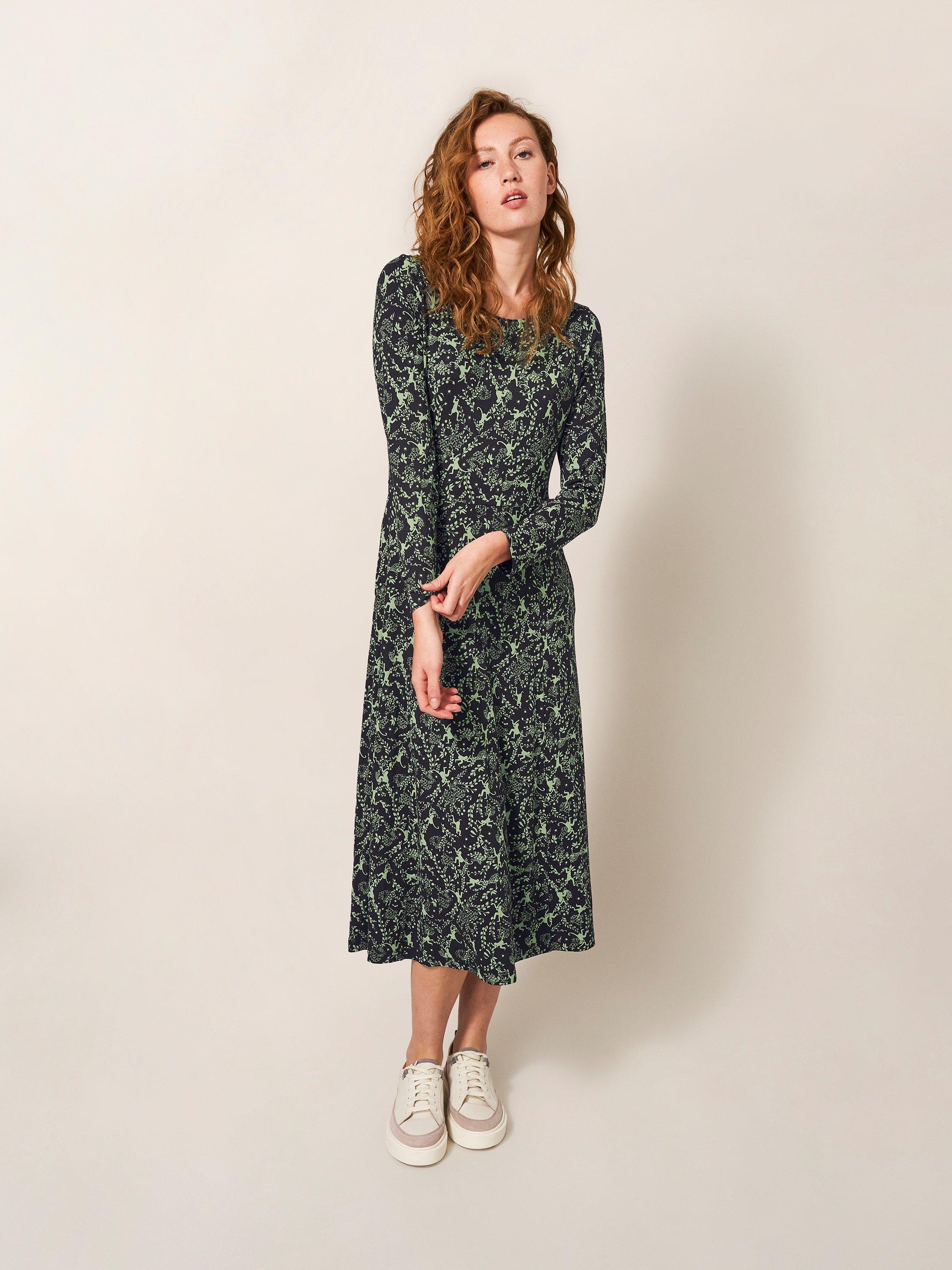 Madeline Jersey Dress in BLK MLT - MODEL FRONT
