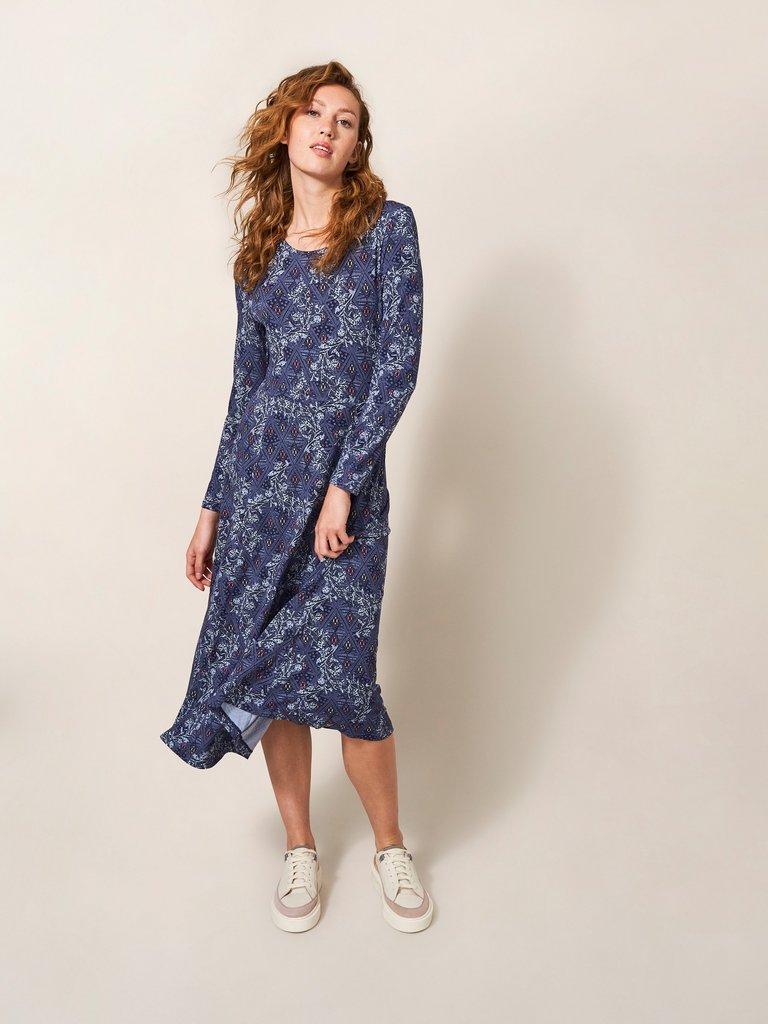 Madeline Jersey Dress in BLUE MLT - MODEL FRONT