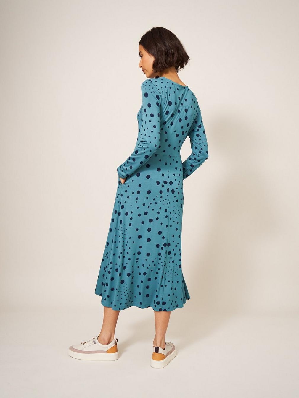 Madeline Jersey Dress in TEAL MLT - MODEL BACK