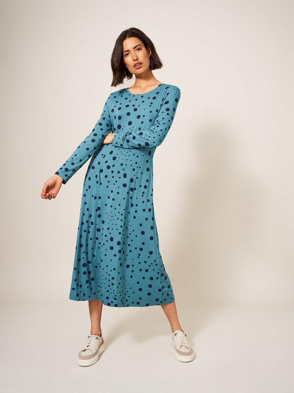 Madeline Jersey Dress in TEAL MLT - MODEL DETAIL