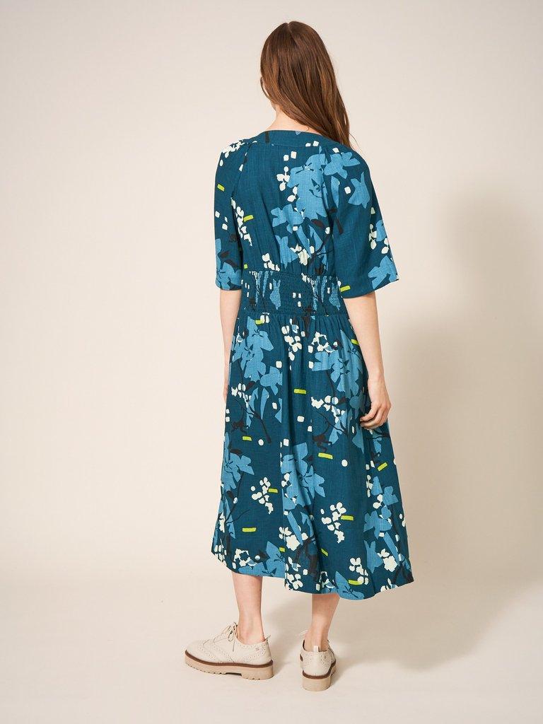 Izzie Mid Length Dress in TEAL MLT - MODEL BACK